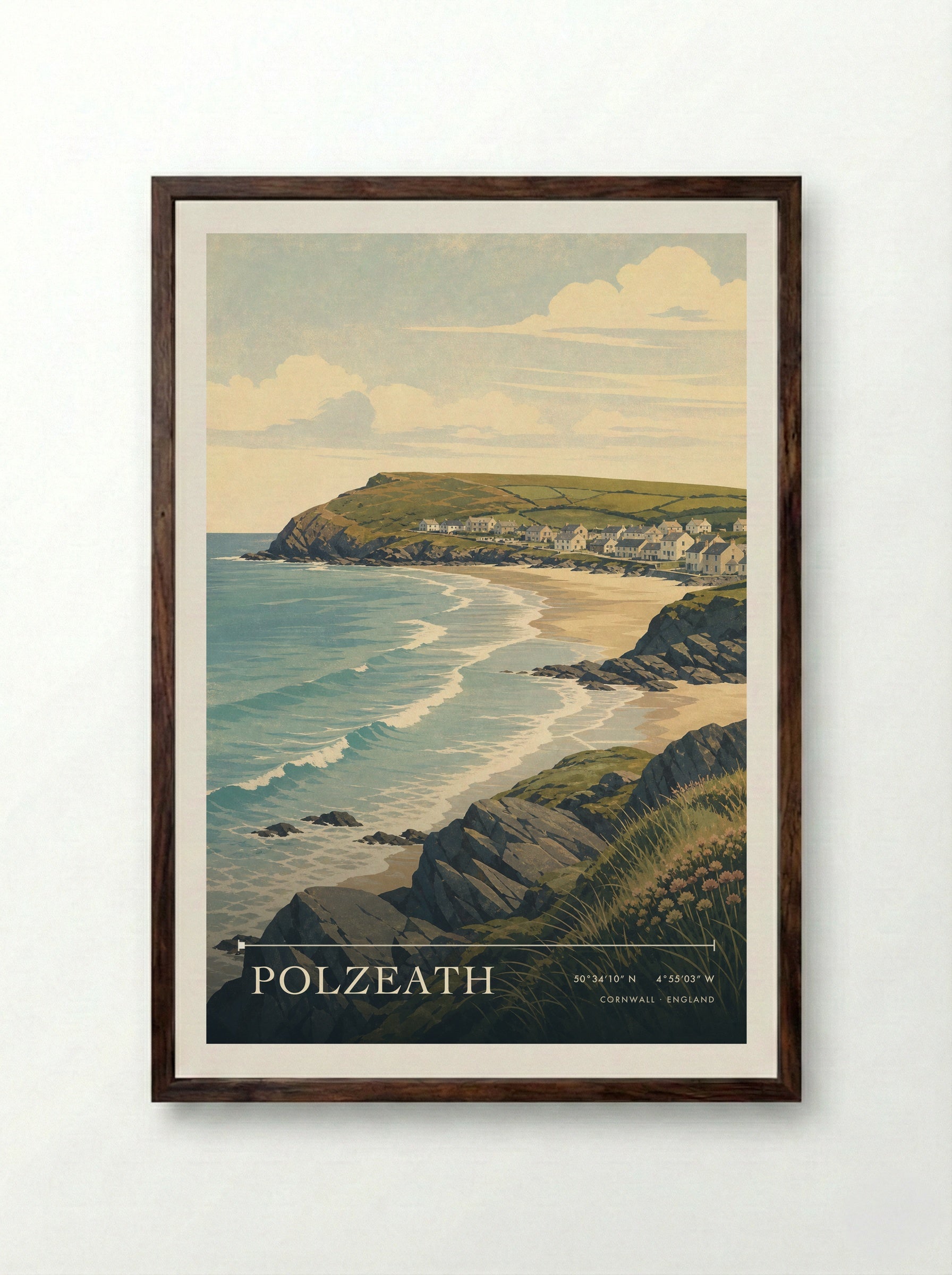 Polzeath Cornwall England Travel Poster - Framed Print Dark Wood