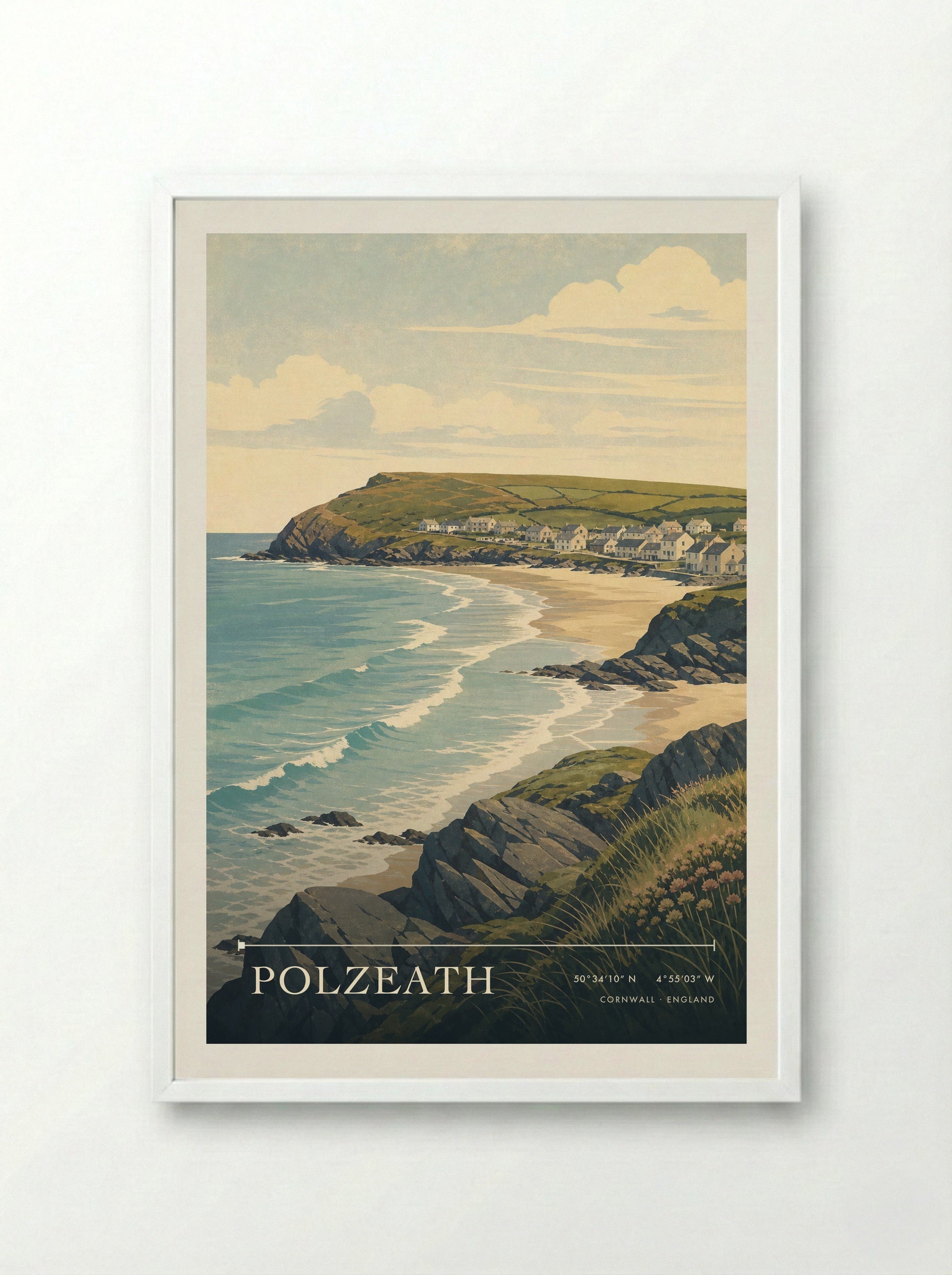 Polzeath Cornwall England Travel Poster - Framed Print White