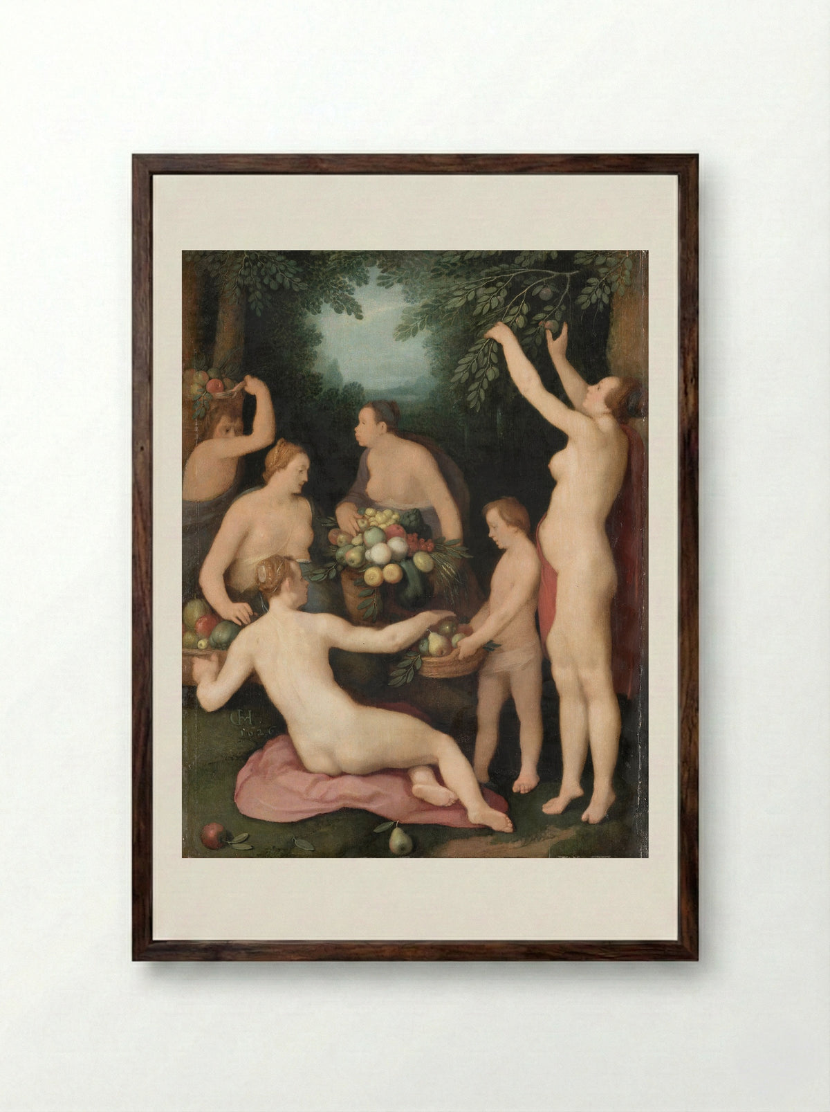 Pomona ontvangt de fruitoogst - Cornelis Cornelisz. van Haarlem - Framed Print Dark Wood
