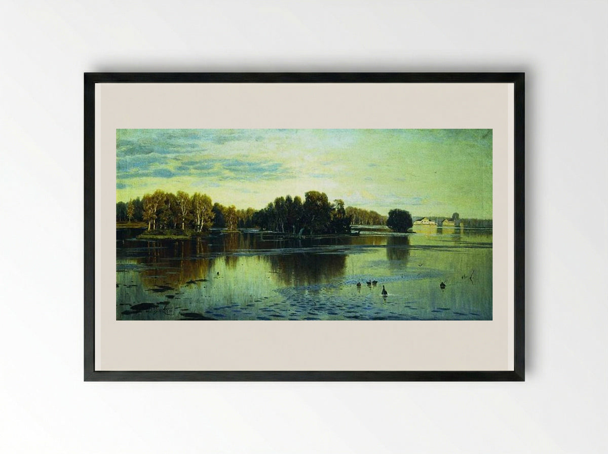 Pond. Summer evening. - Volodymyr Orlovsky - Framed Print Black