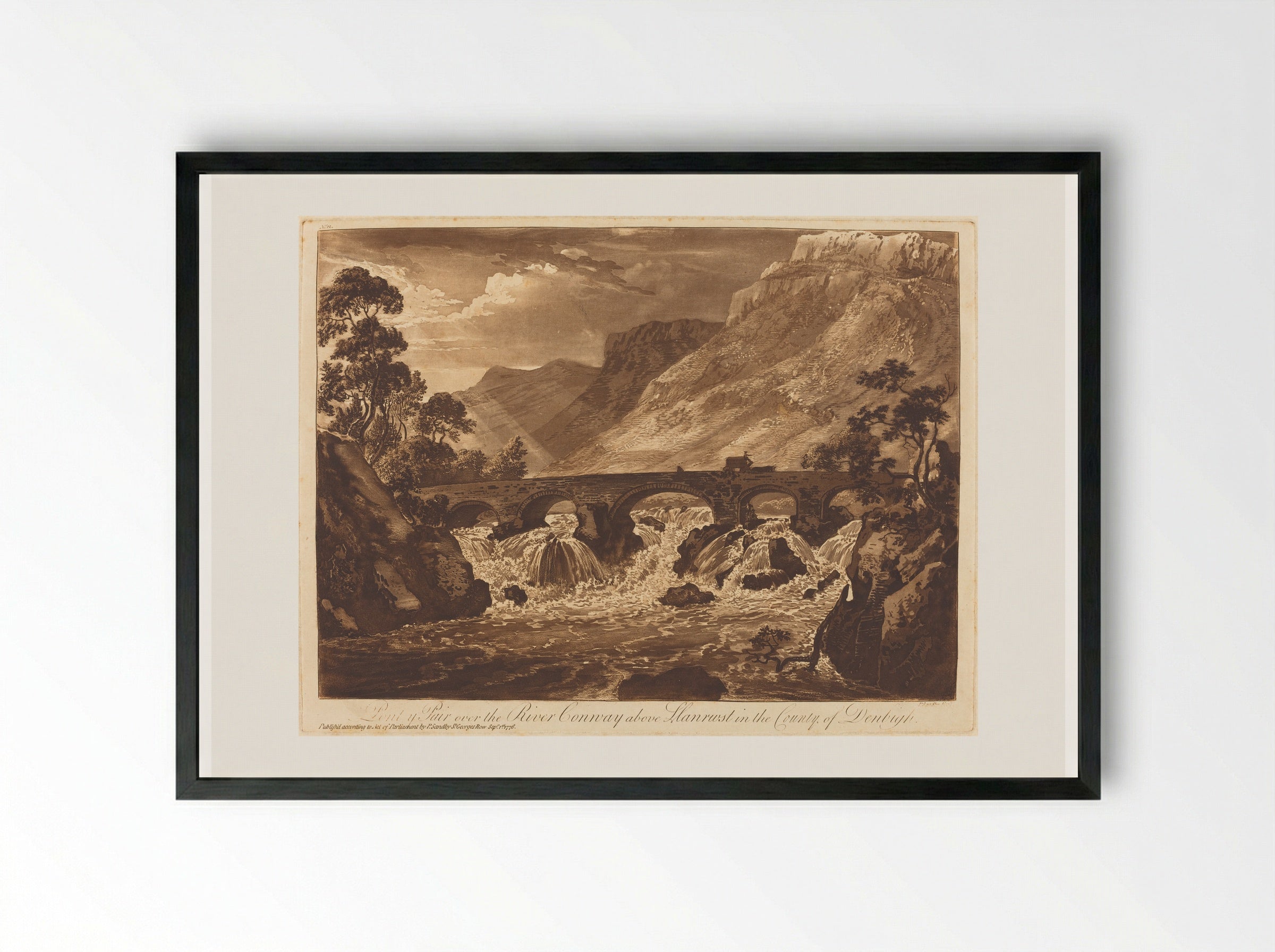 Pont y Pair over the River Conway above Llanrwst in the County of Denbigh - Paul Sandby - Framed Print Black