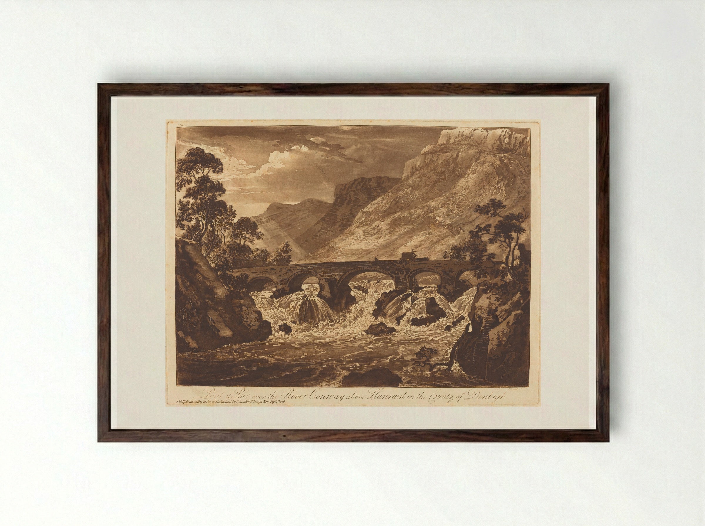 Pont y Pair over the River Conway above Llanrwst in the County of Denbigh - Paul Sandby - Framed Print Dark Wood