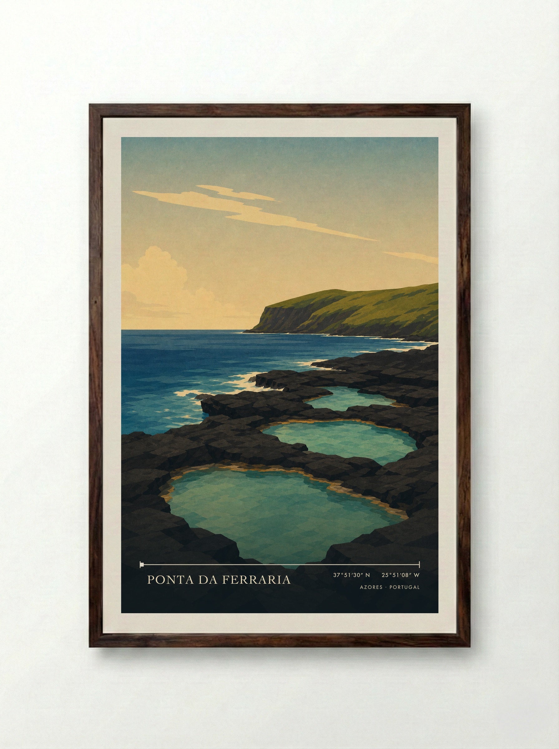 Ponta da Ferraria Azores Portugal Travel Poster - Framed Print Dark Wood