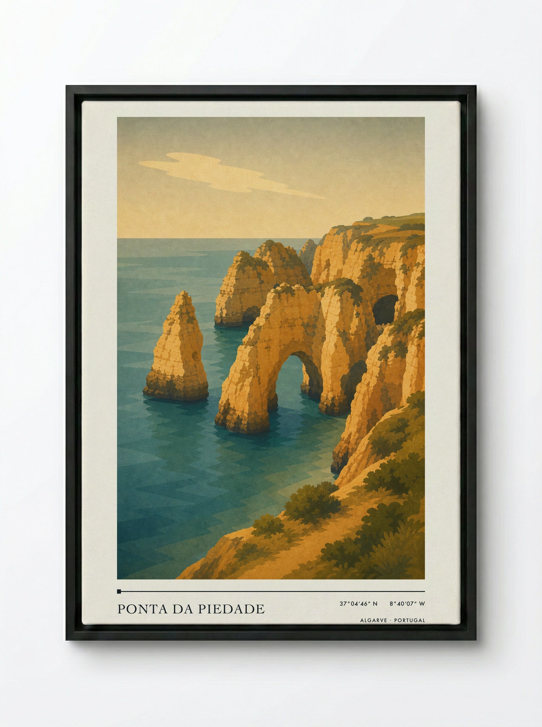 Ponta da Piedade Travel Poster Artwork - Framed Canvas Black