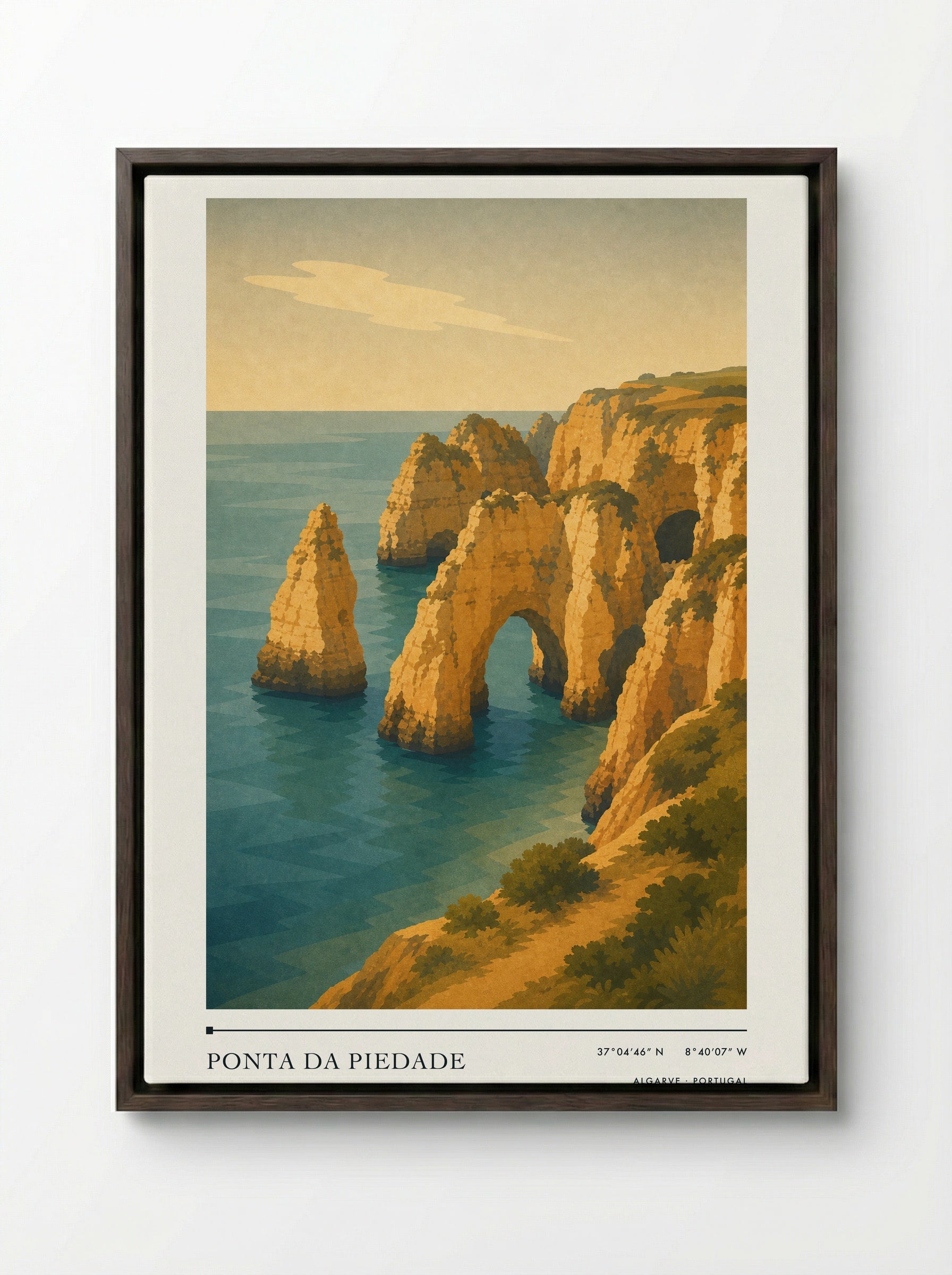 Ponta da Piedade Travel Poster Artwork - Framed Canvas Dark Wood