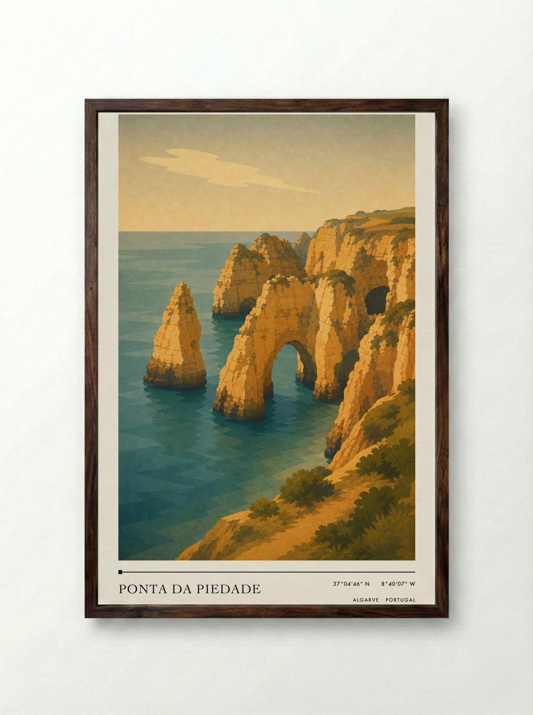 Ponta da Piedade Travel Poster Artwork - Framed Print Dark Wood