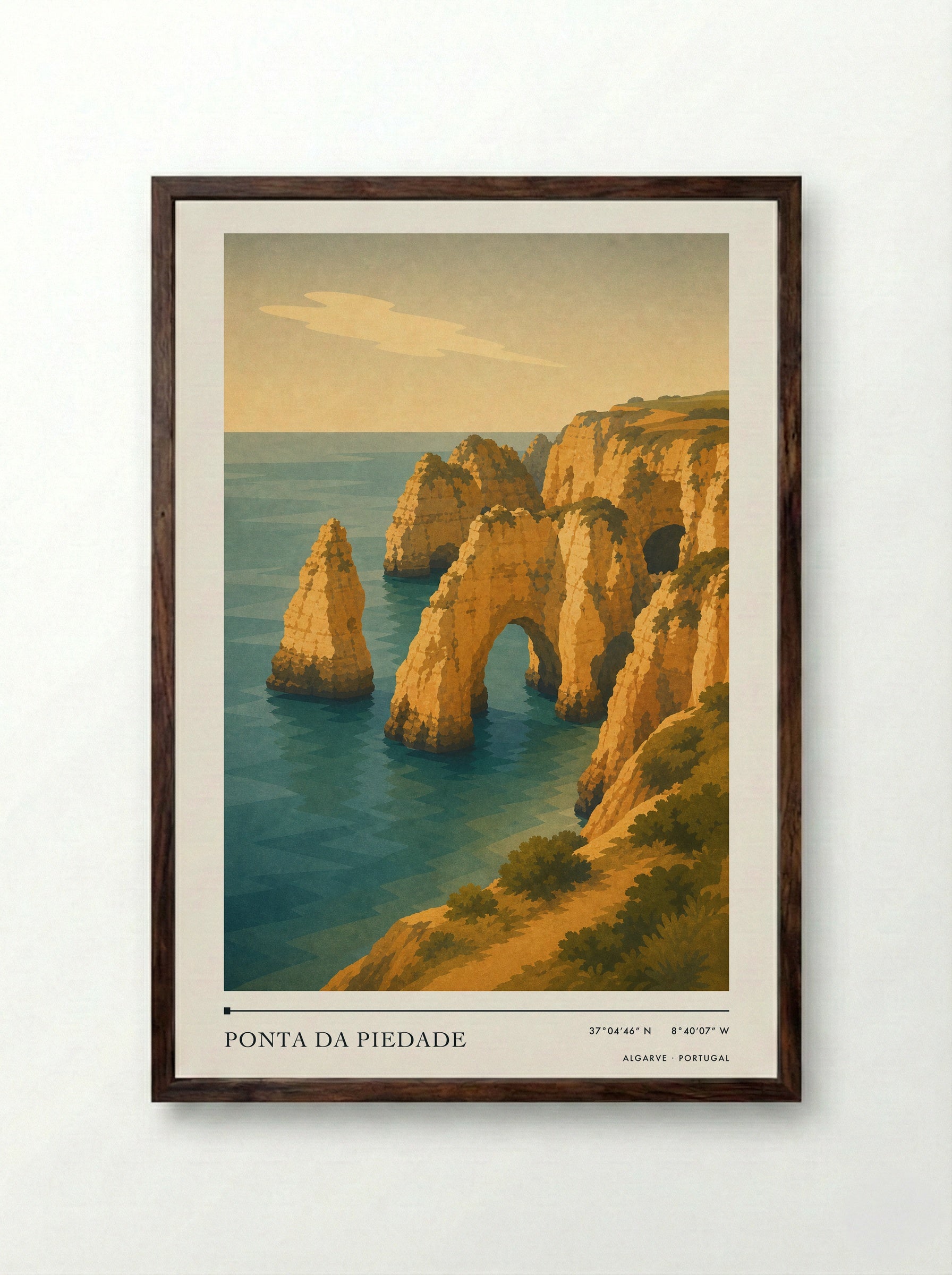 Ponta da Piedade Travel Poster Artwork - Framed Print Dark Wood