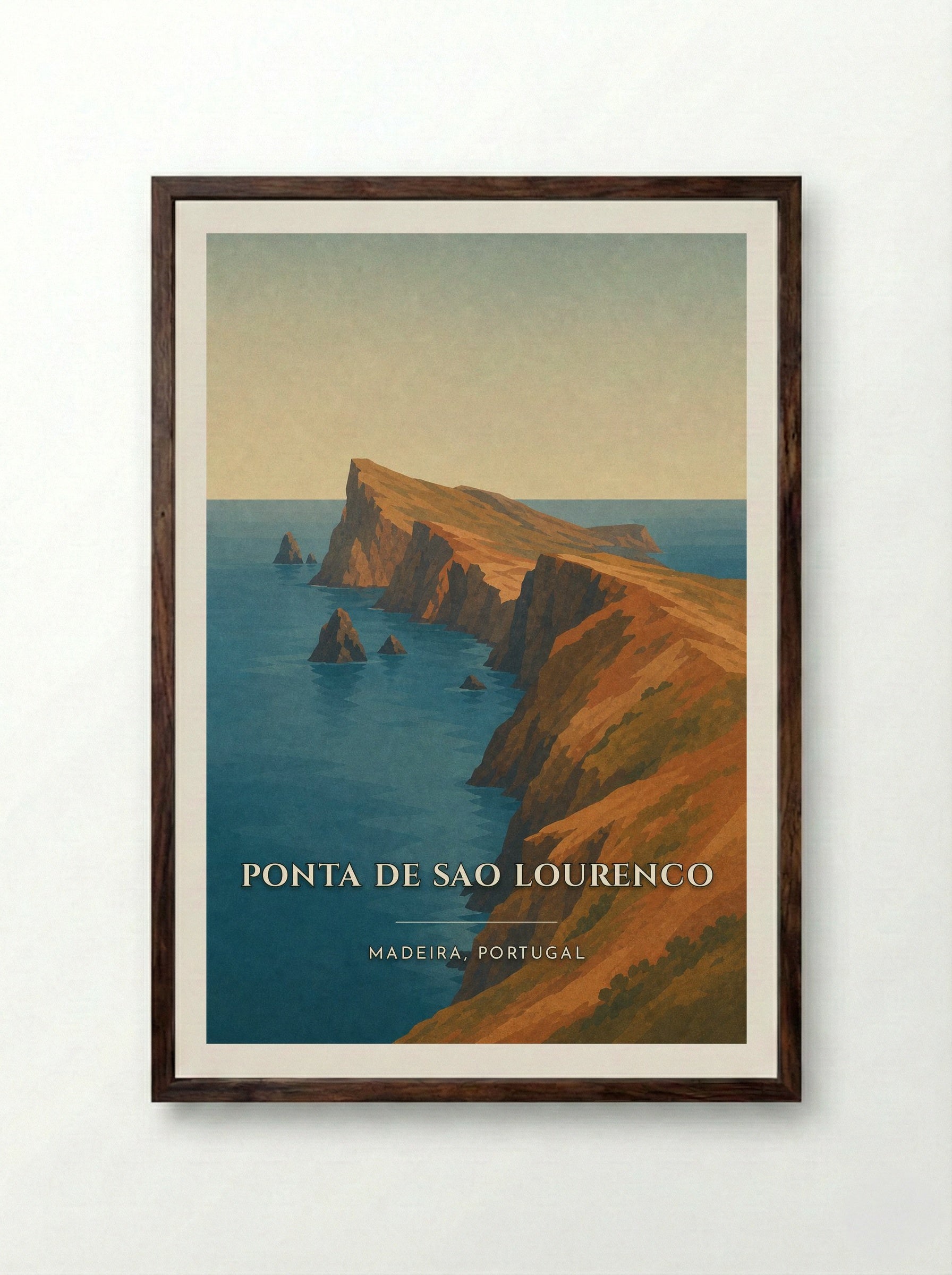 Ponta de Sao Lourenco Travel Poster Artwork - Framed Print Dark Wood