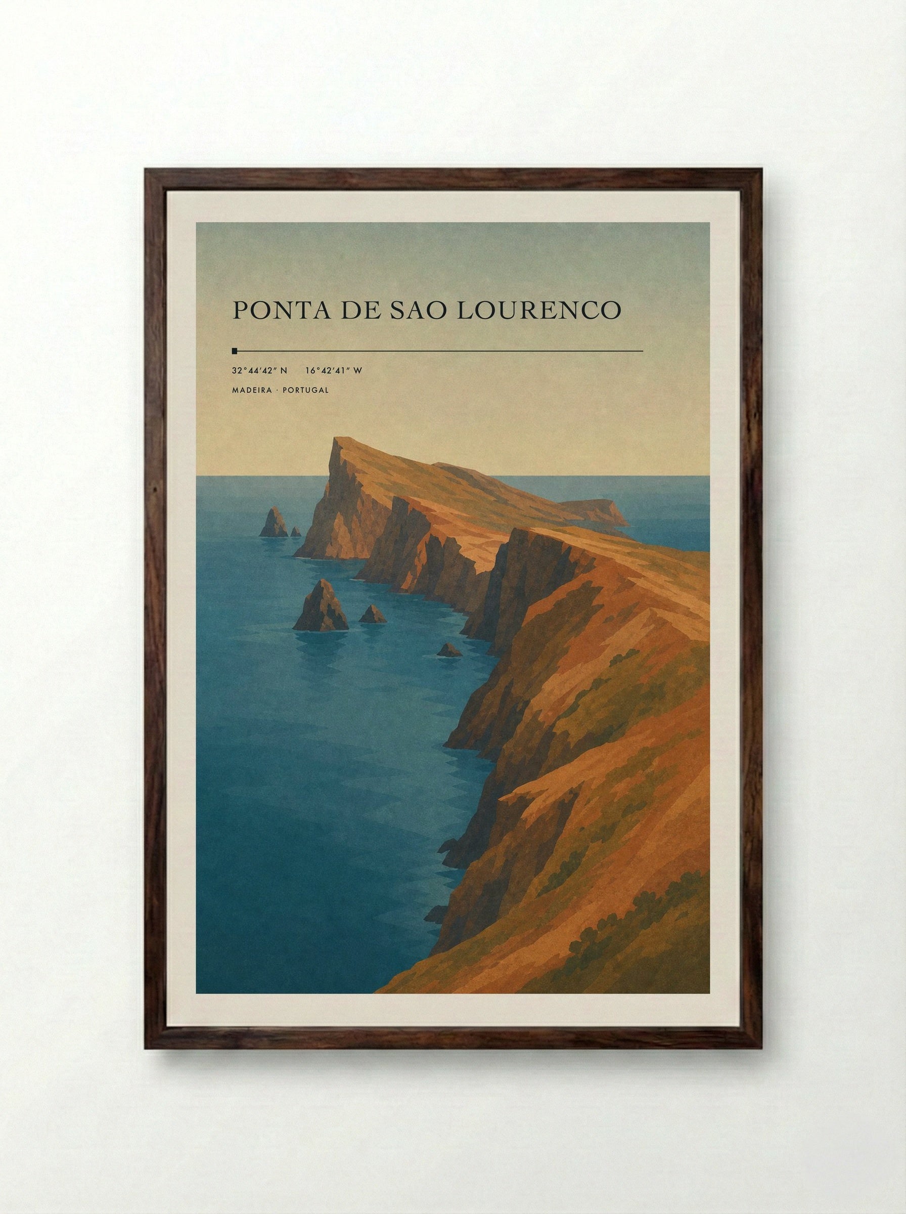 Ponta de Sao Lourenco Travel Poster Artwork - Framed Print Dark Wood