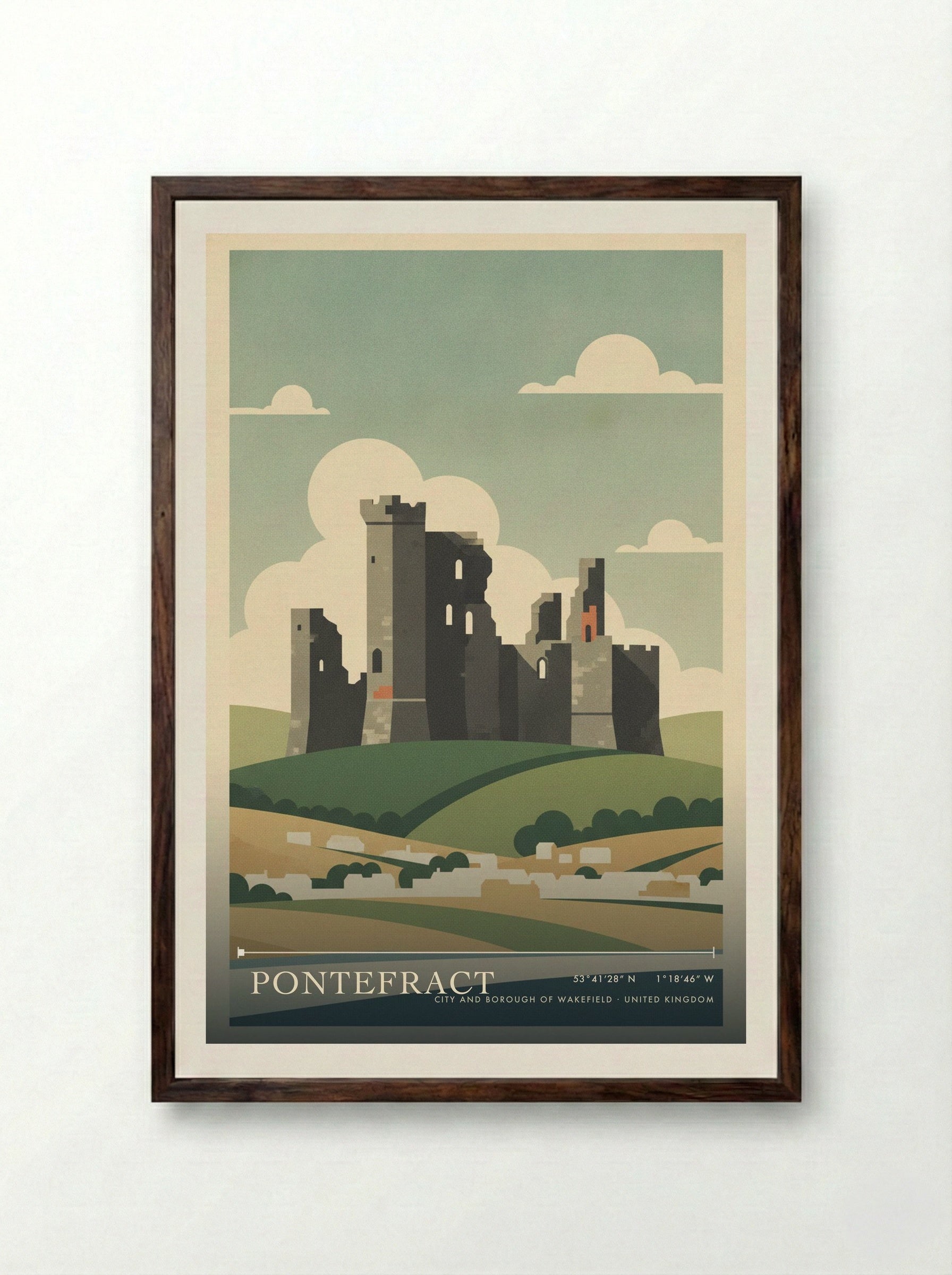 Pontefract City and Borough of Wakefield United Kingdom Travel Poster - Framed Print Dark Wood