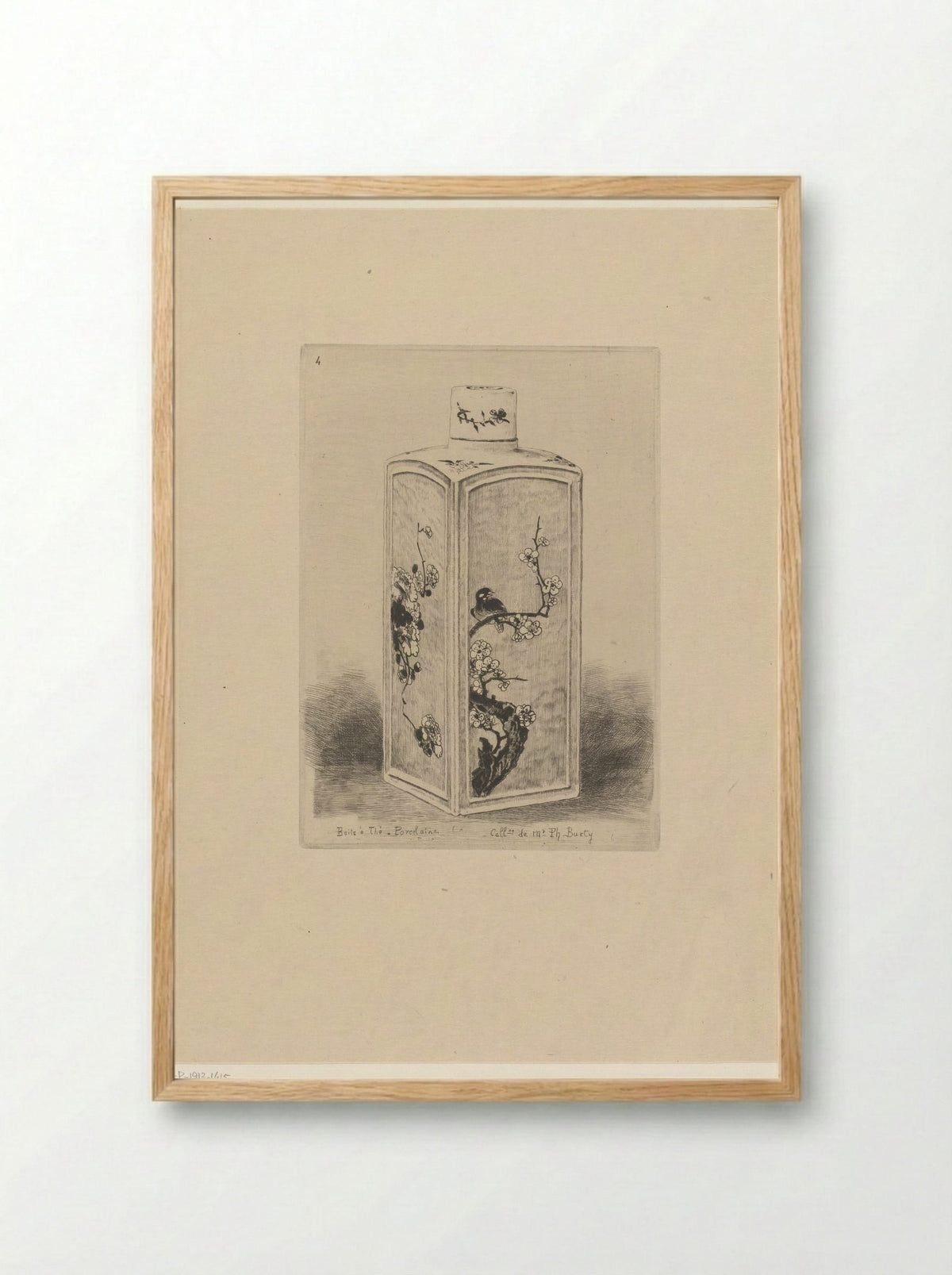 Porcelain Tea Caddy with Bird on a Flowering Branch - Félix Hilaire Buhot - Framed Print Wood