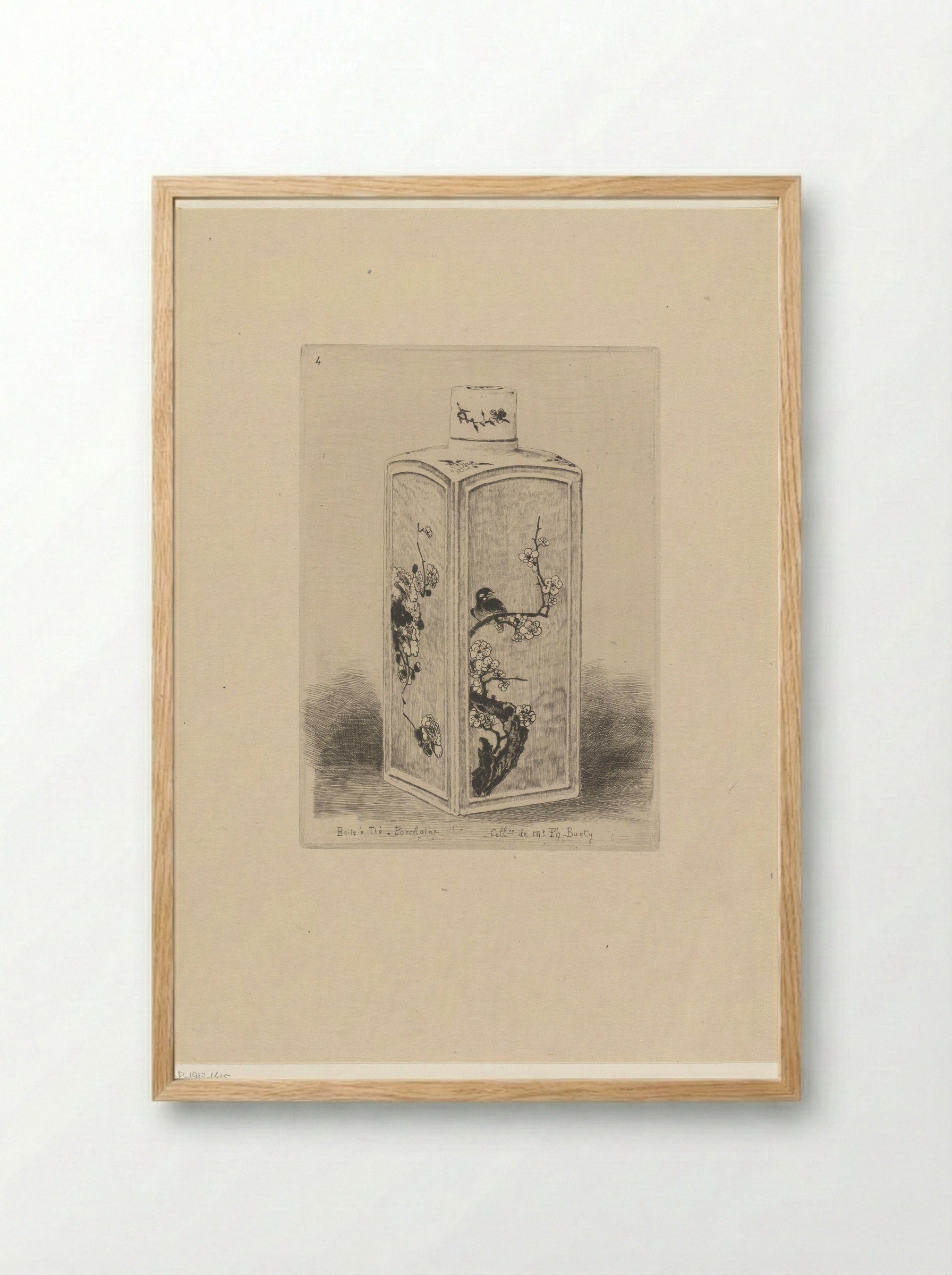 Porcelain Tea Caddy with Bird on a Flowering Branch - Félix Hilaire Buhot - Framed Print Wood
