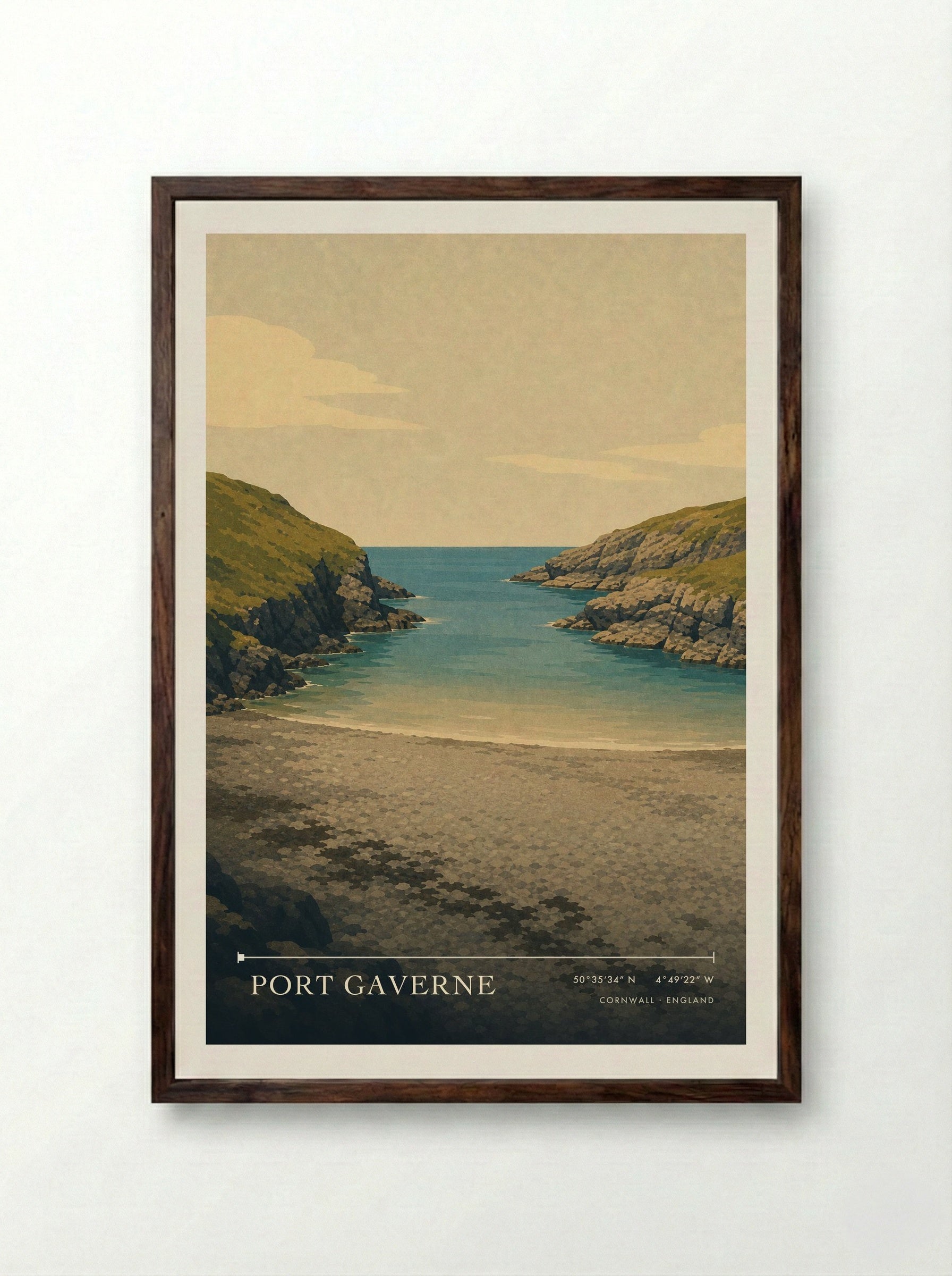Port Gaverne Cornwall England Travel Poster - Framed Print Dark Wood