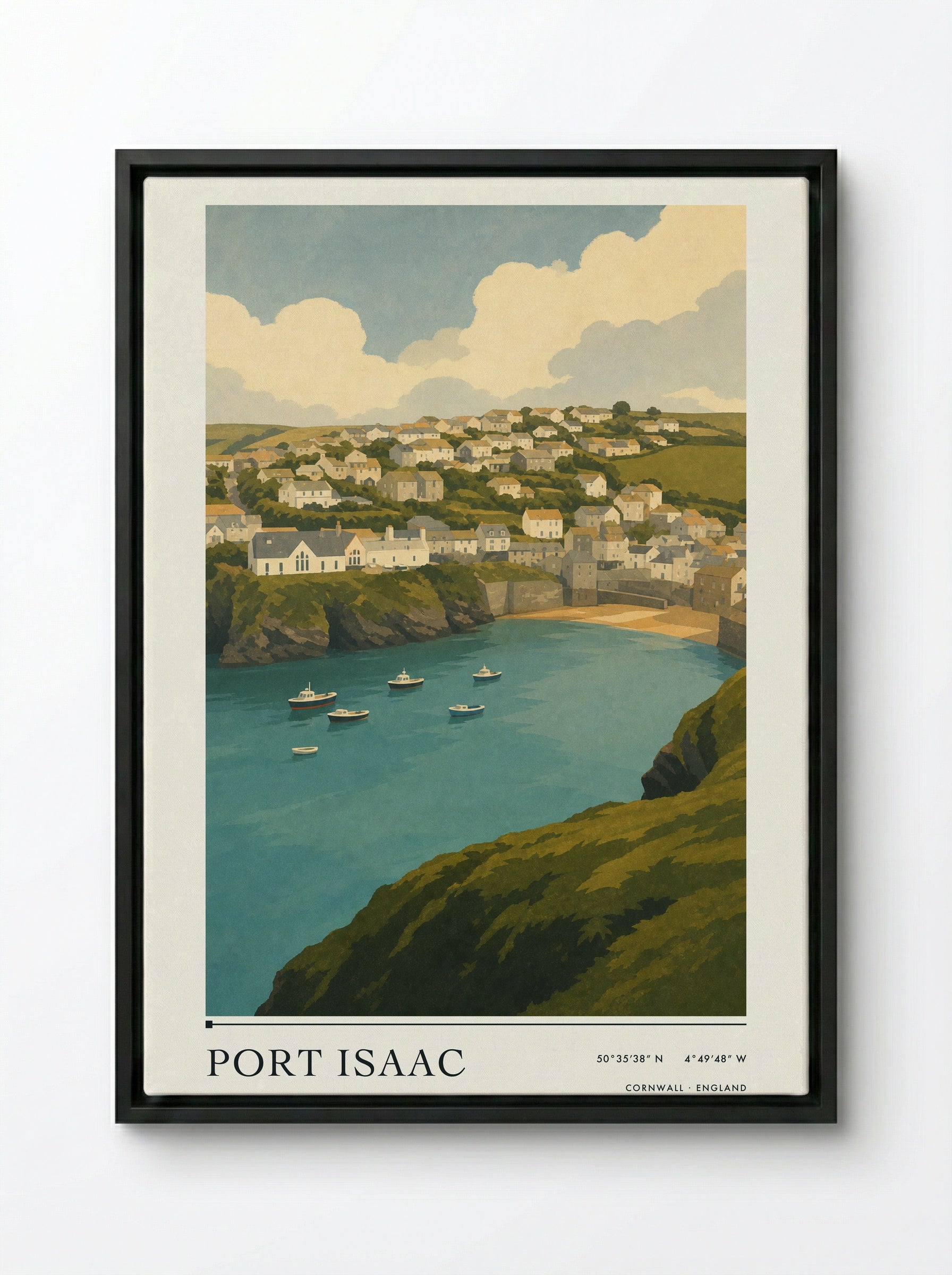 Port Isaac Cornwall Travel Poster - Framed Canvas Black