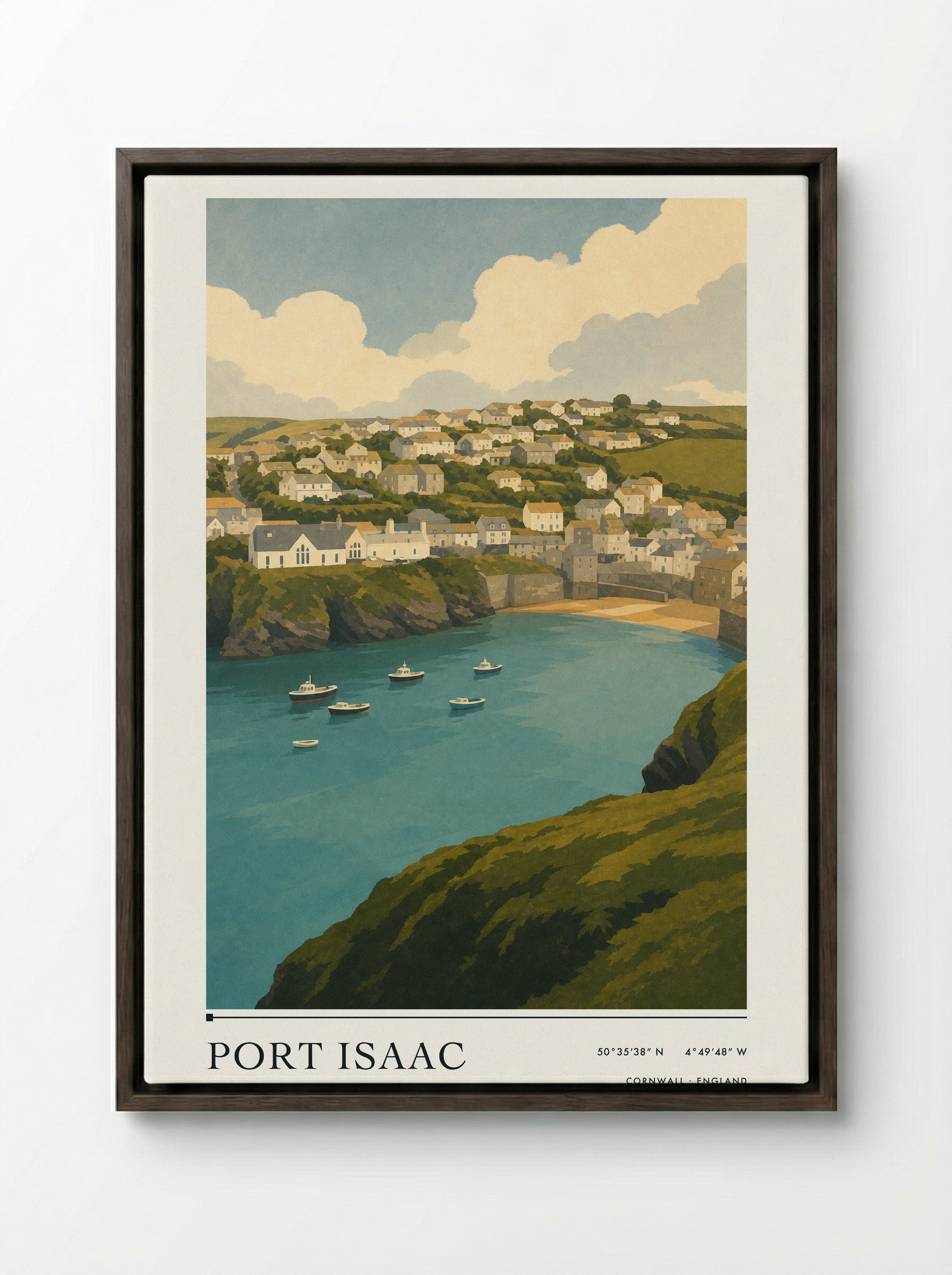 Port Isaac Cornwall Travel Poster - Framed Canvas Dark Wood