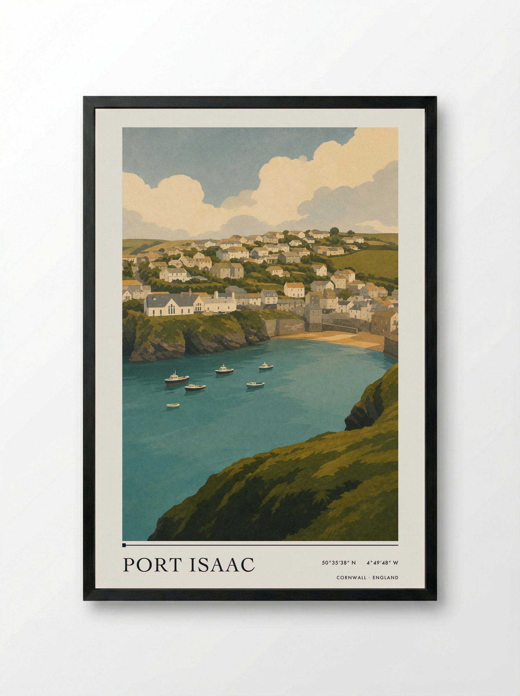 Port Isaac Cornwall Travel Poster - Framed Print Black