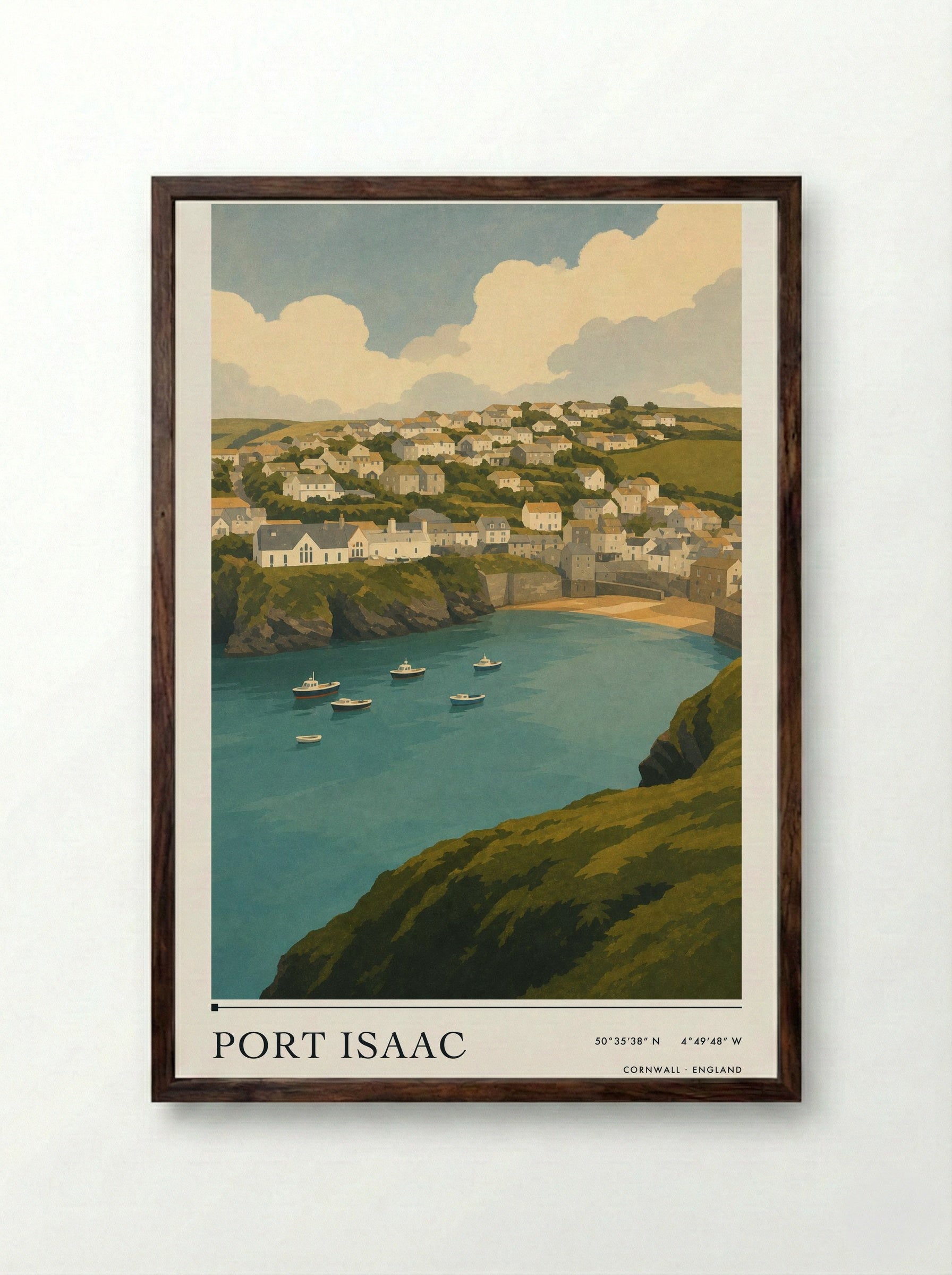 Port Isaac Cornwall Travel Poster - Framed Print Dark Wood