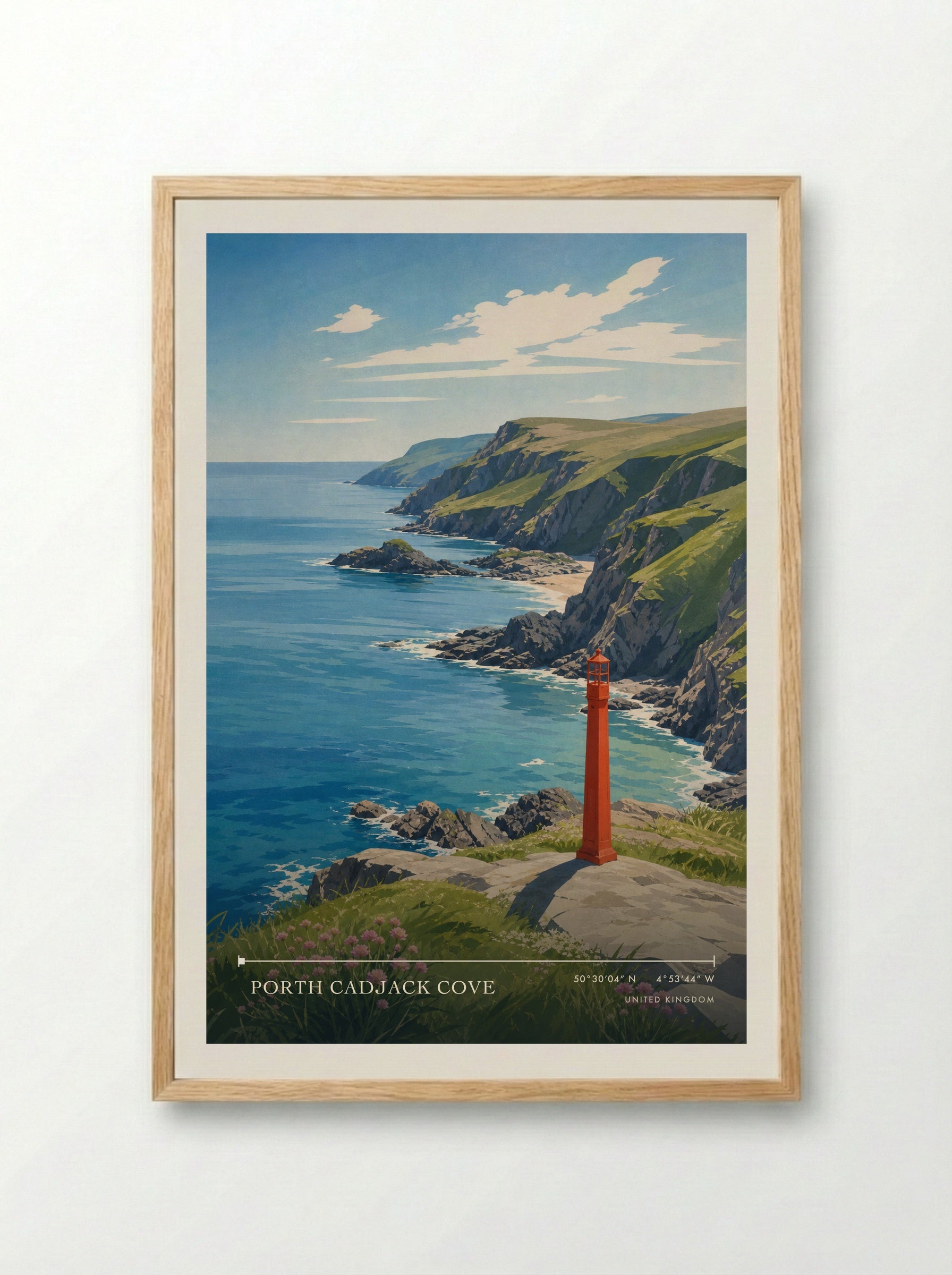 Porth Cadjack Cove United Kingdom Travel Poster - Framed Print Wood