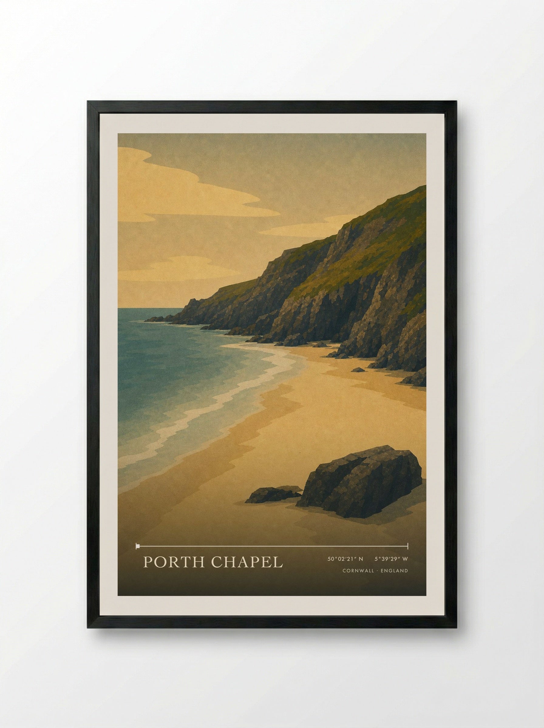 Porth Chapel Cornwall England Travel Poster - Framed Print Black