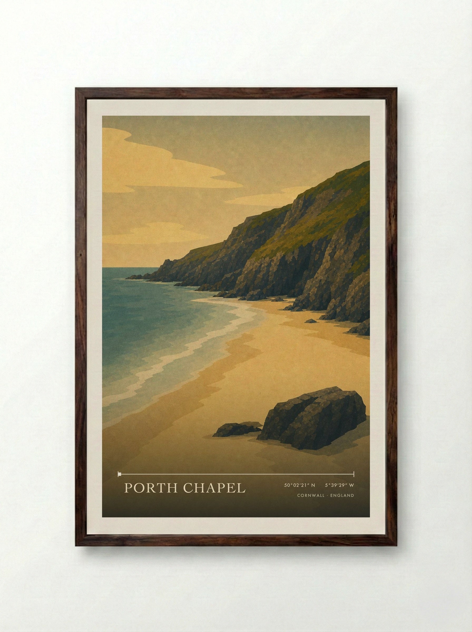 Porth Chapel Cornwall England Travel Poster - Framed Print Dark Wood