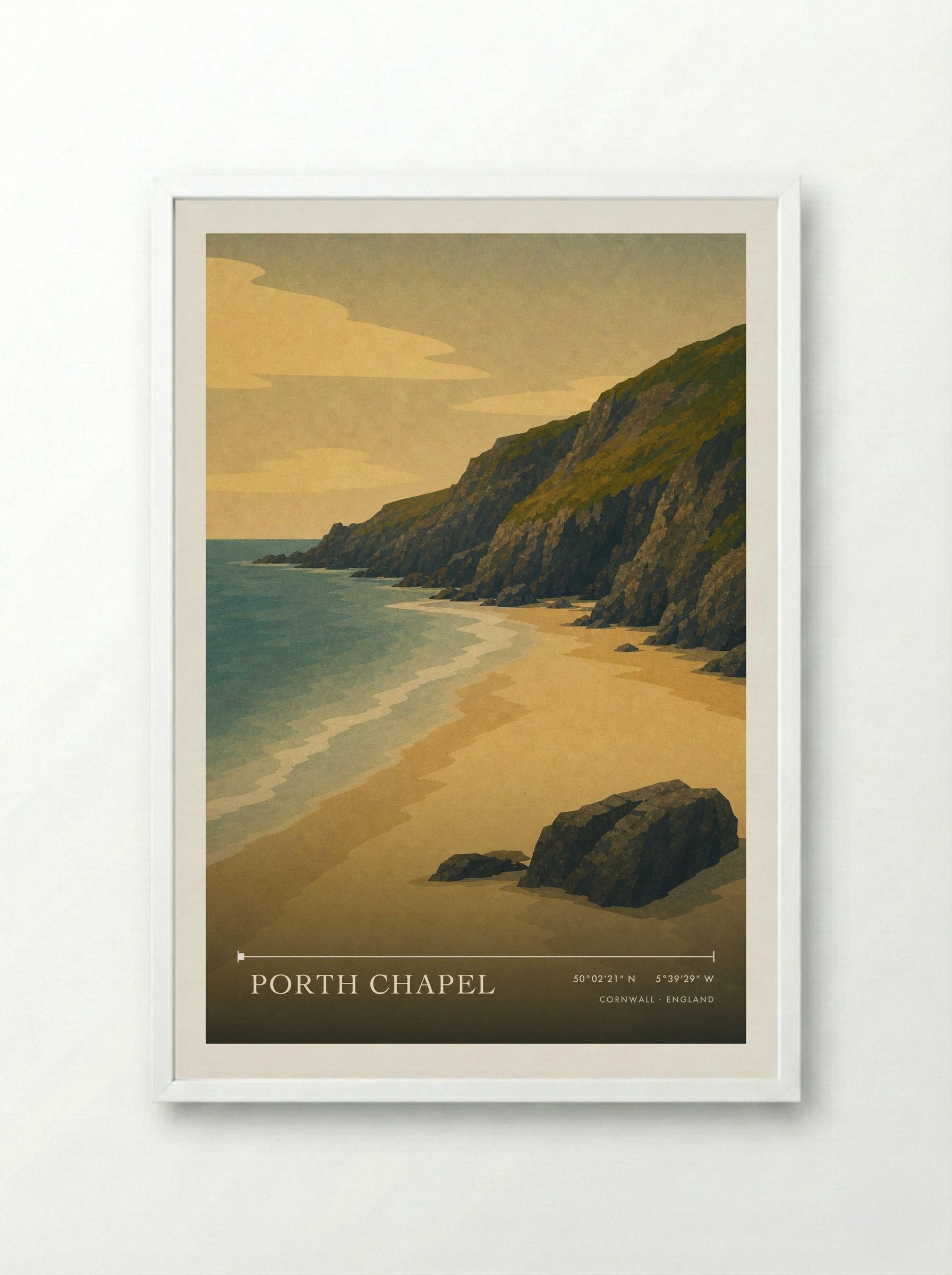 Porth Chapel Cornwall England Travel Poster - Framed Print White