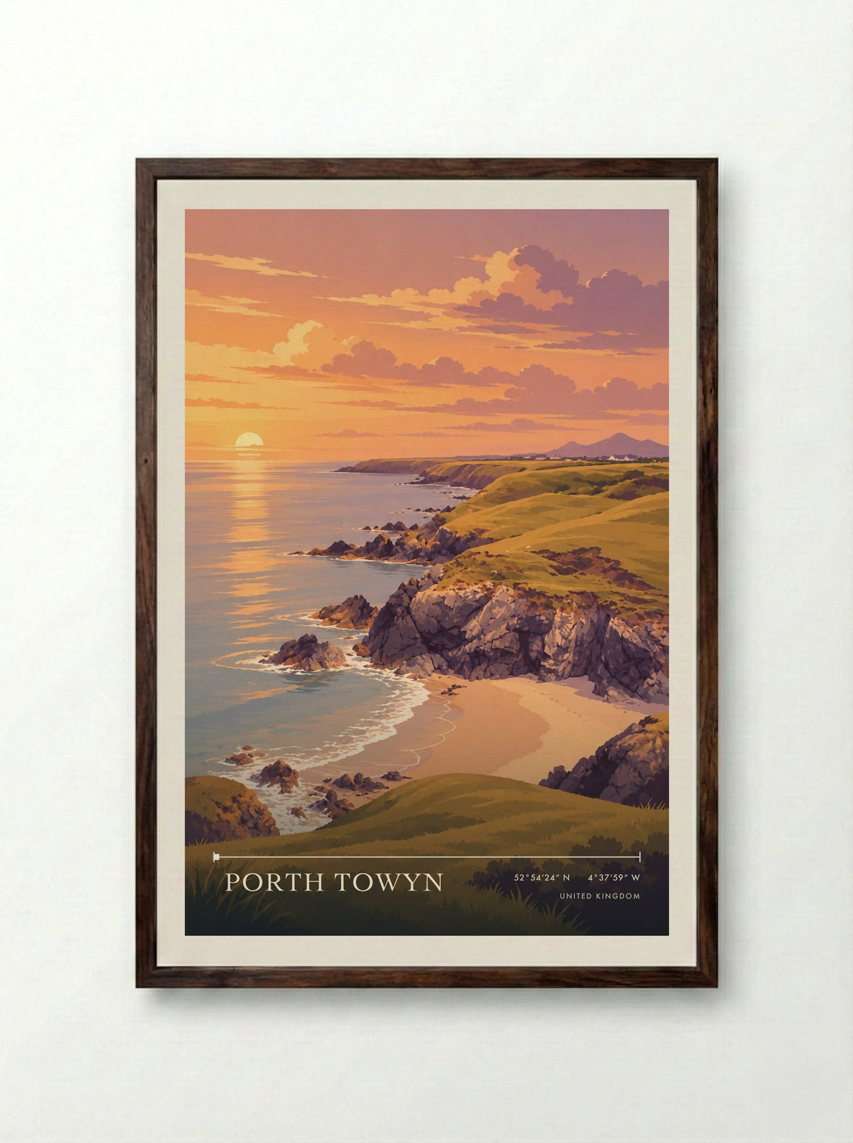 Porth Towyn | Travel Poster - Framed Print Dark Wood