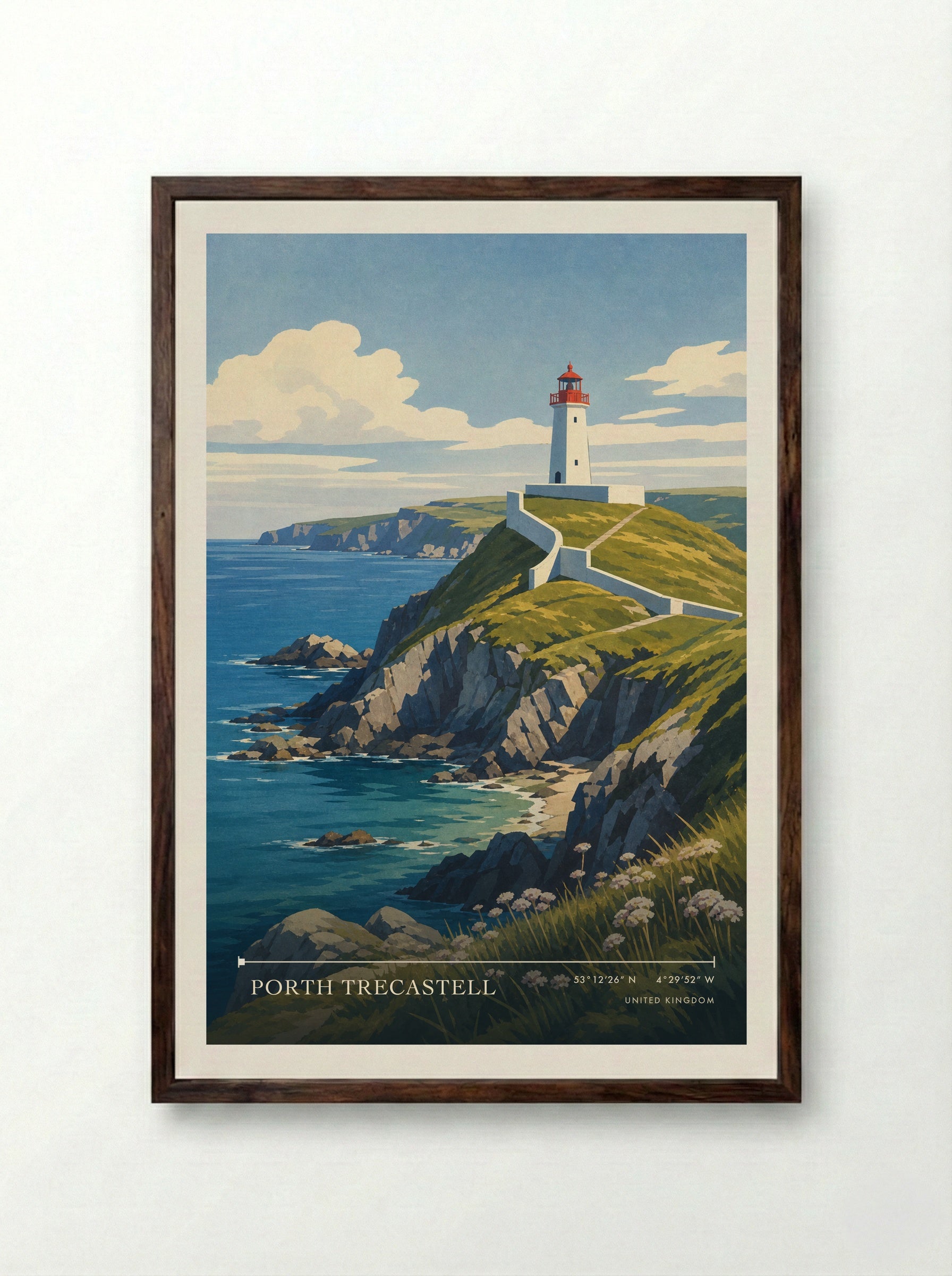 Porth Trecastell United Kingdom Travel Poster - Framed Print Dark Wood