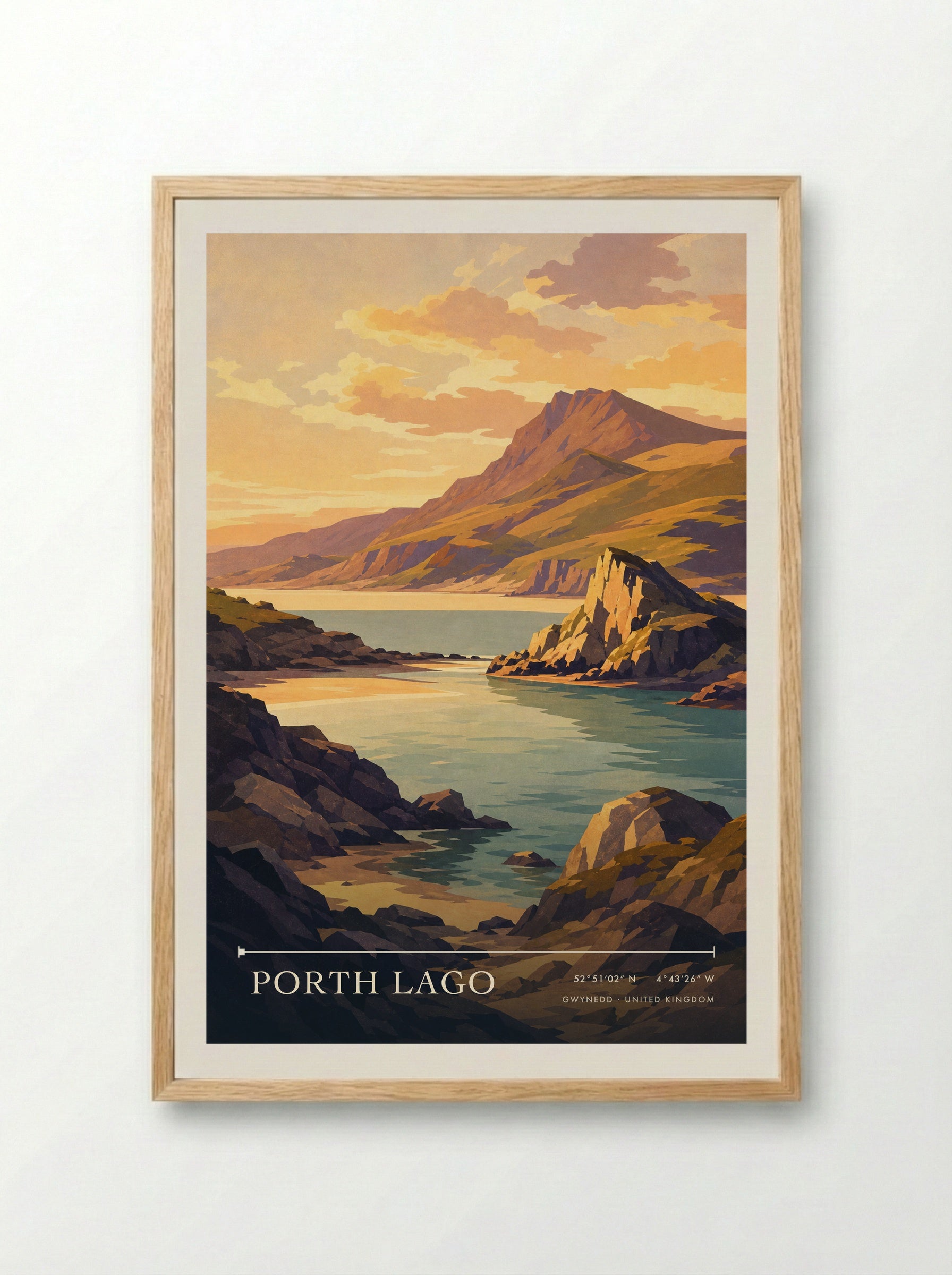 Porth lago Gwynedd United Kingdom Travel Poster - Framed Print Wood