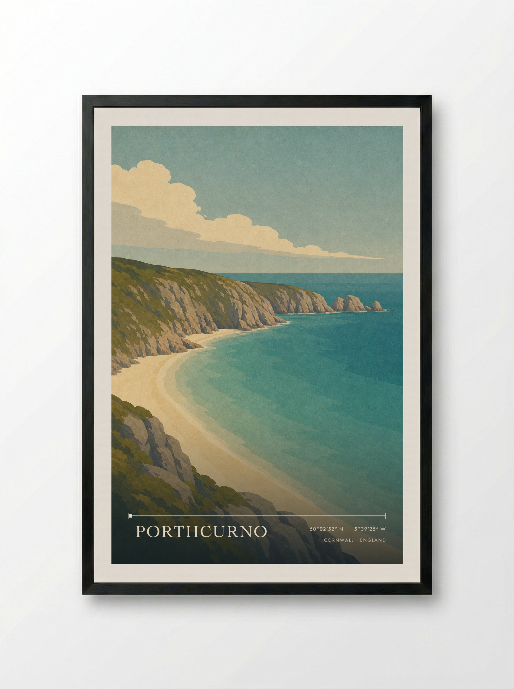 Porthcurno Travel Poster Artwork - Framed Print Black
