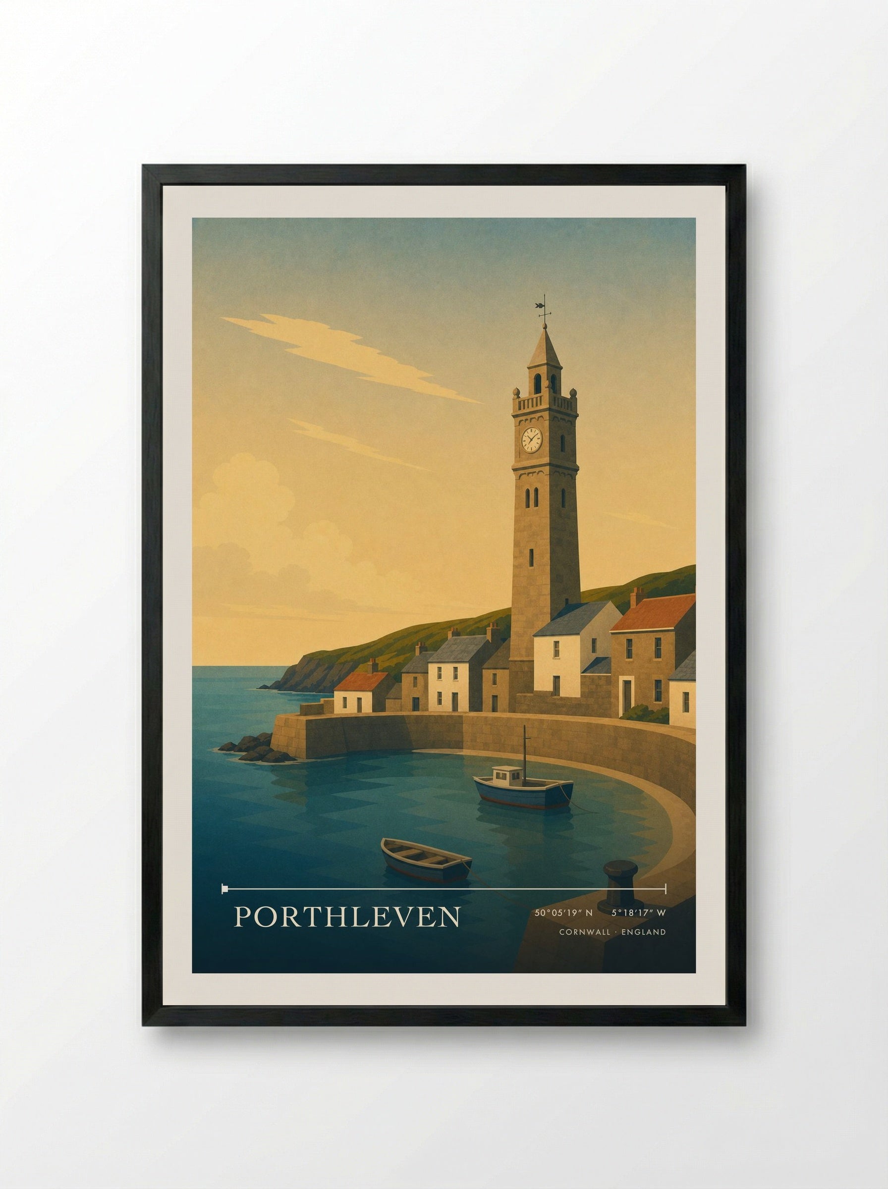 Porthleven Cornwall England Travel Poster - Framed Print Black