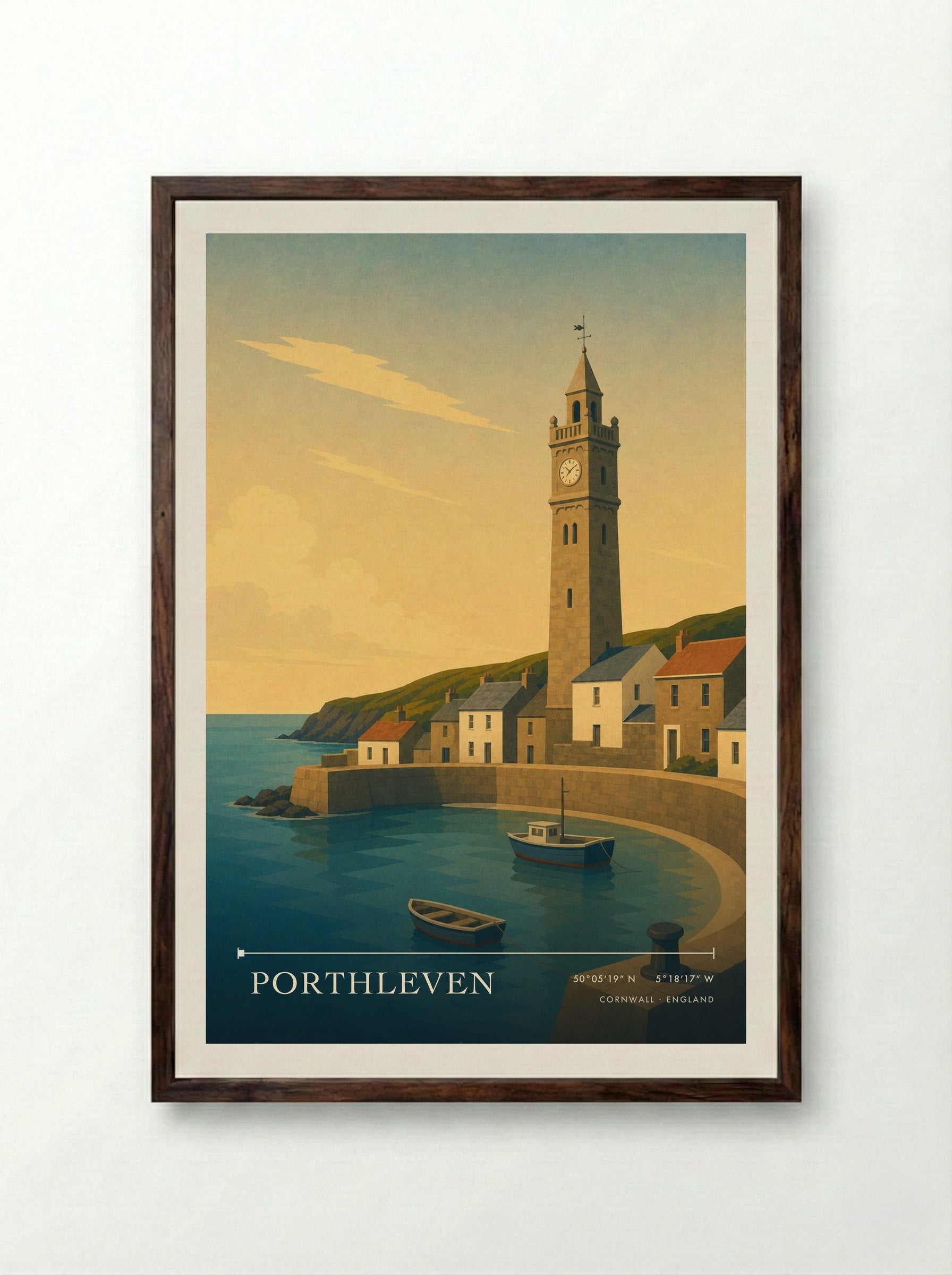 Porthleven Cornwall England Travel Poster - Framed Print Dark Wood
