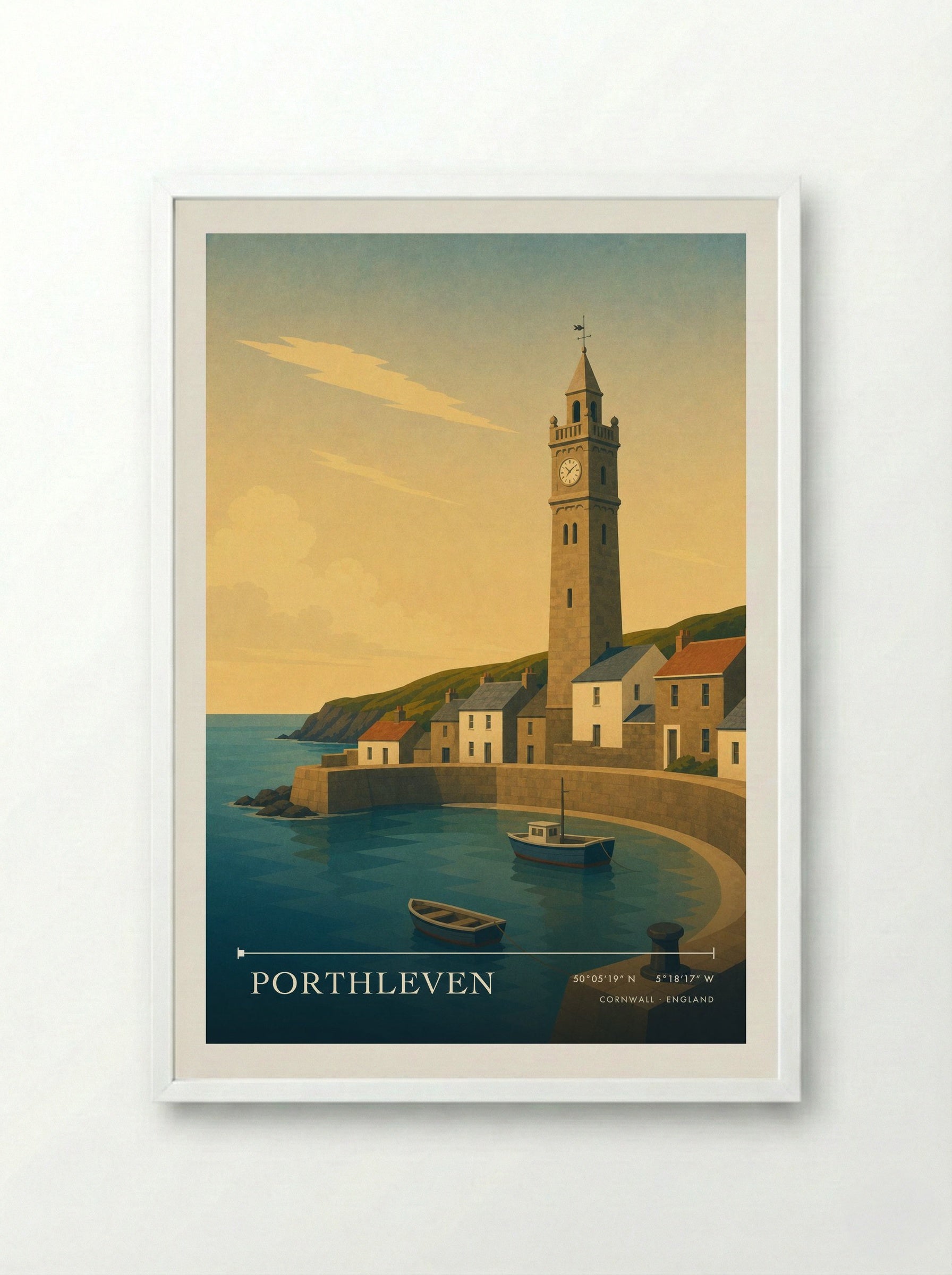 Porthleven Cornwall England Travel Poster - Framed Print White