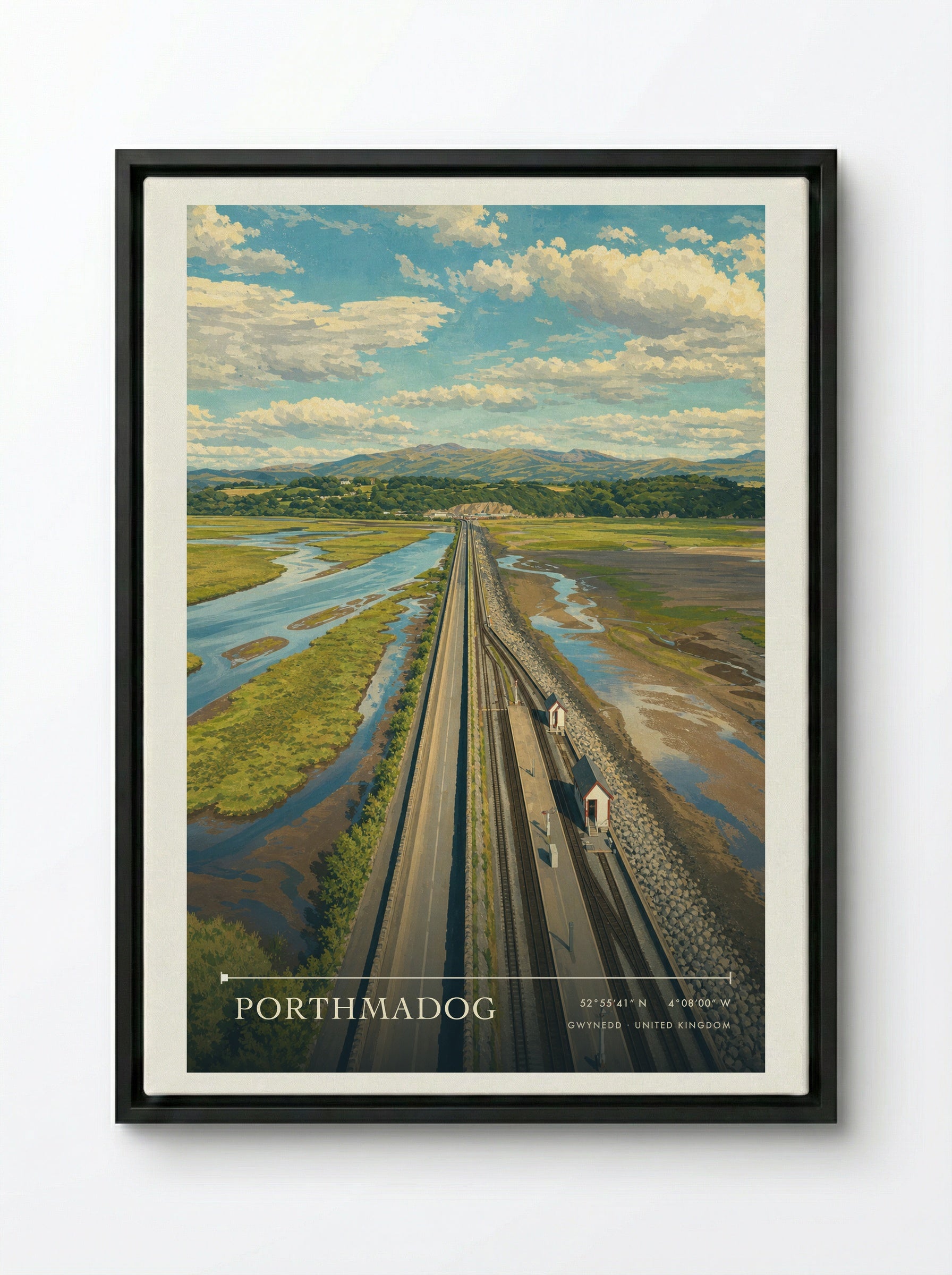 Porthmadog Gwynedd United Kingdom Travel Poster - Framed Canvas Black