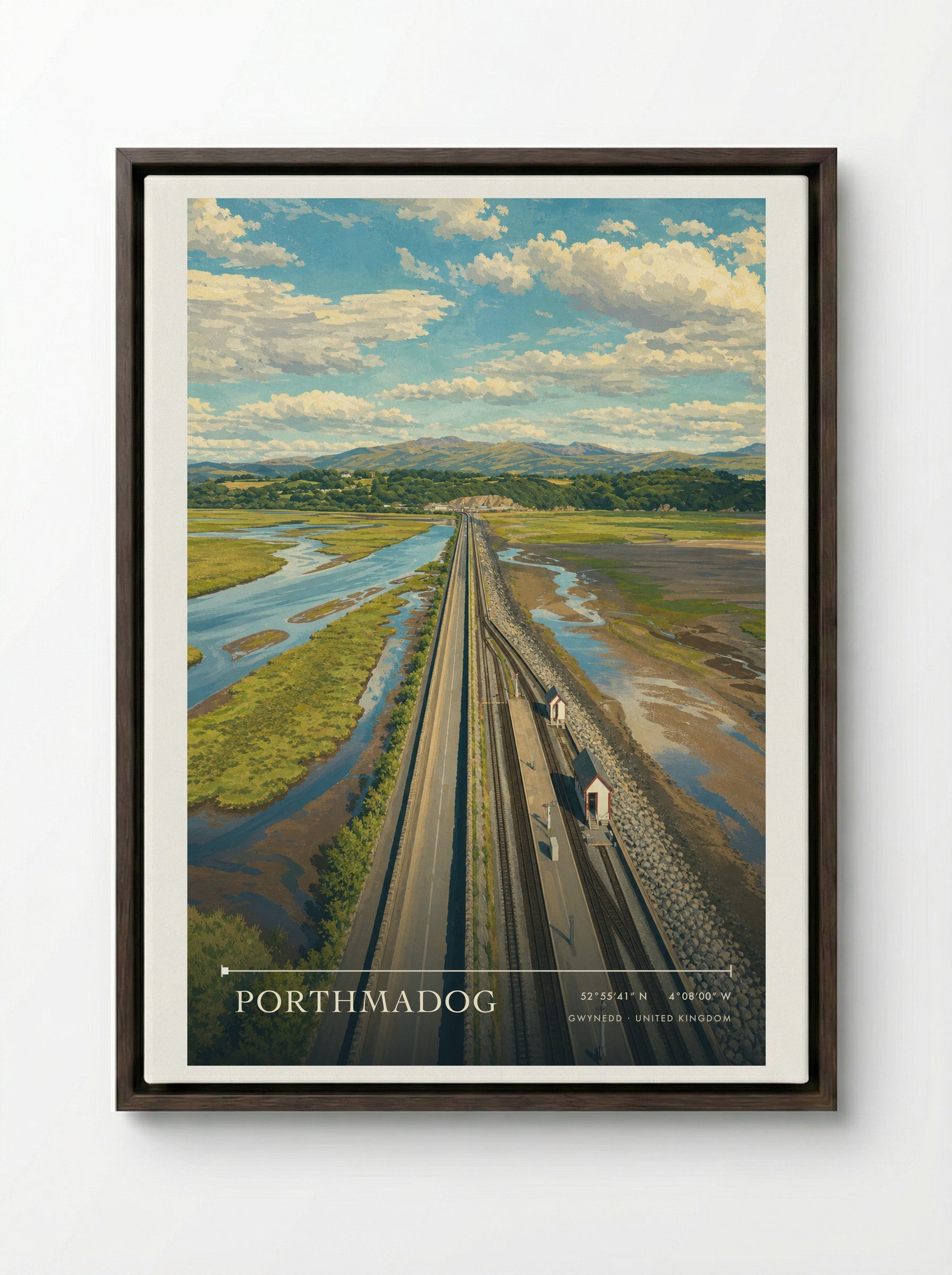 Porthmadog Gwynedd United Kingdom Travel Poster - Framed Canvas Dark Wood