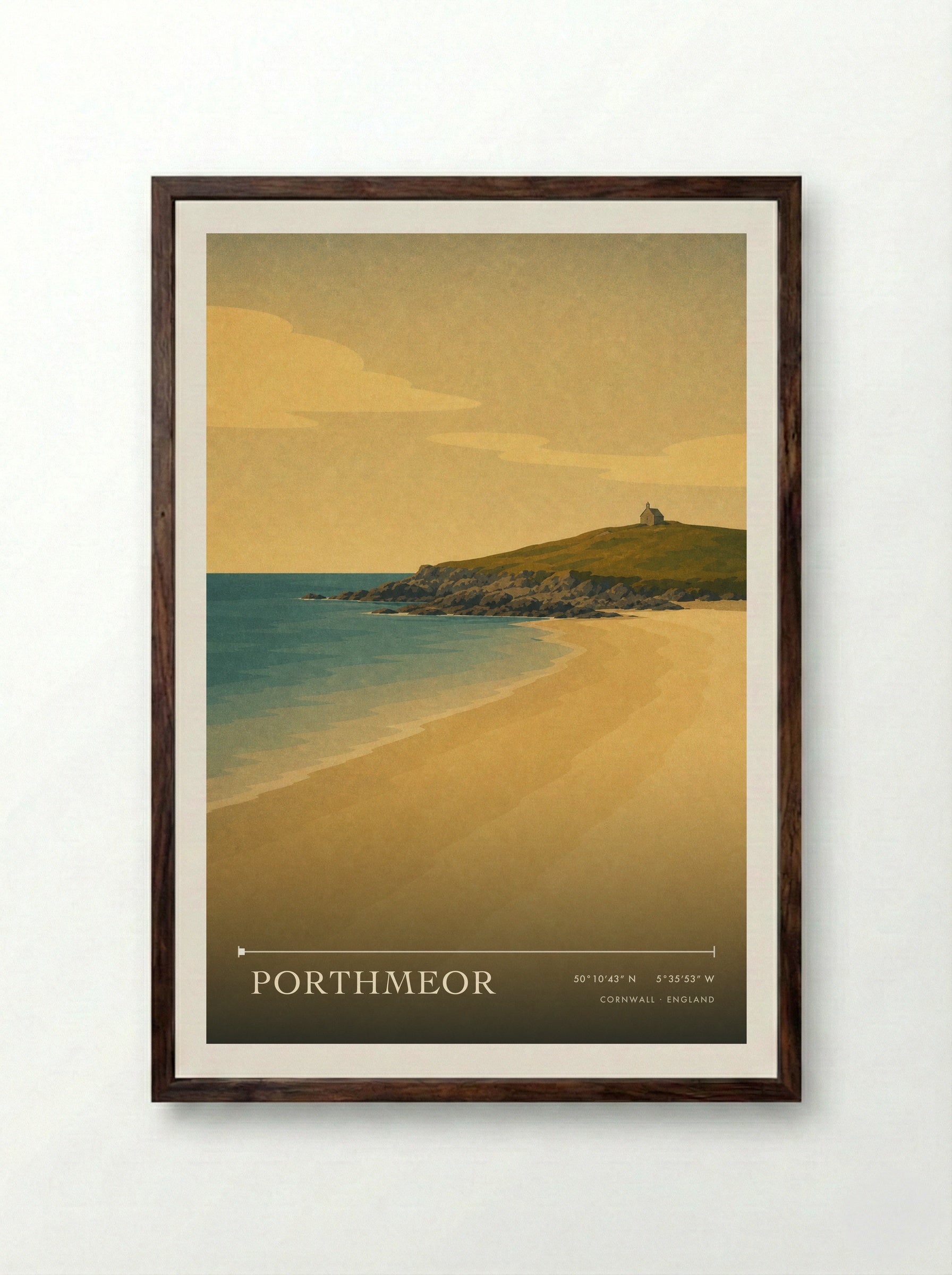 Porthmeor Cornwall England Travel Poster - Framed Print Dark Wood