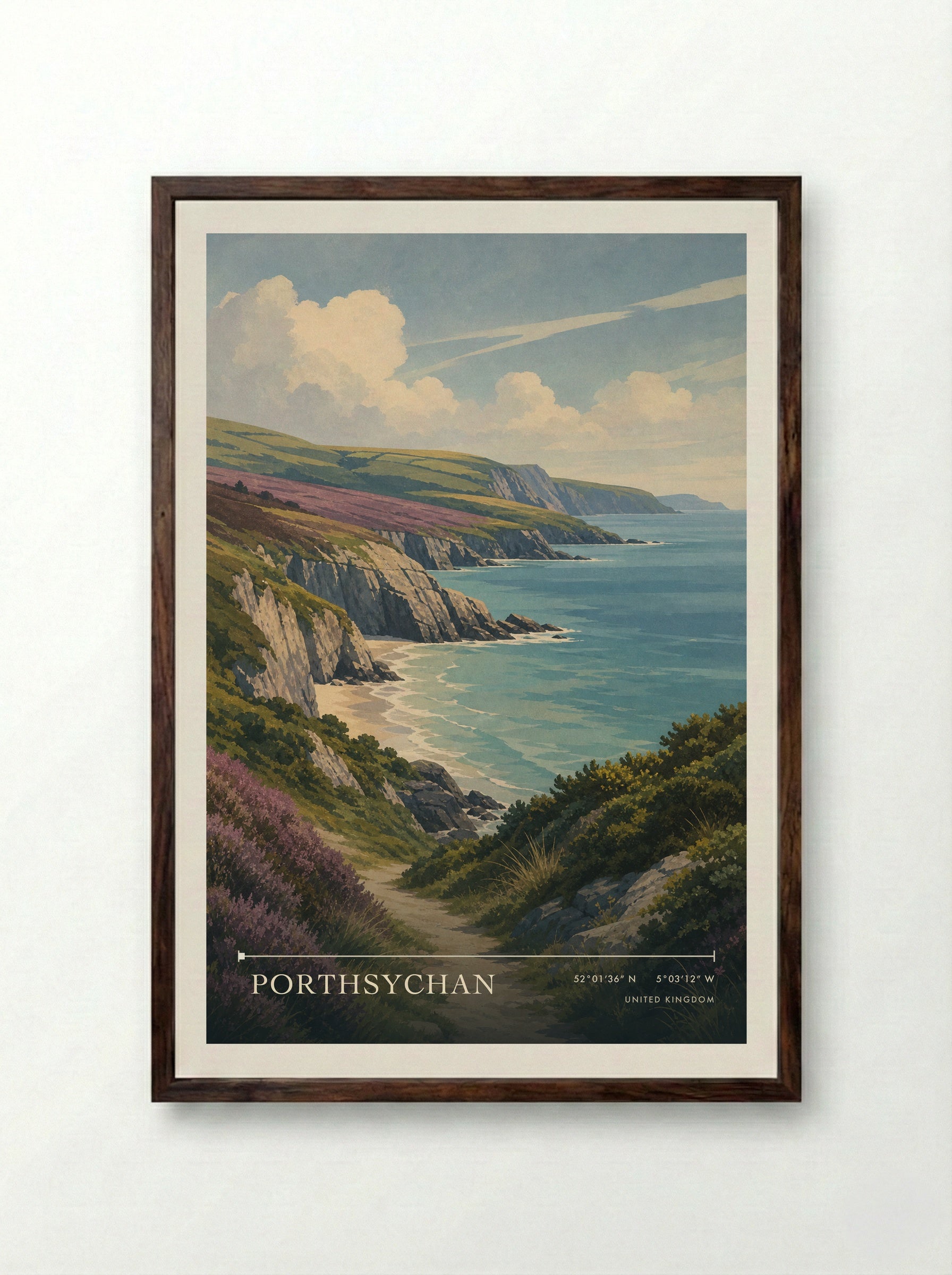 Porthsychan United Kingdom Travel Poster - Framed Print Dark Wood
