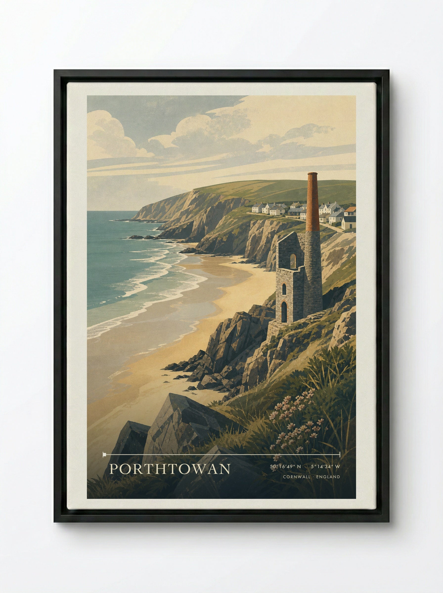 Porthtowan Cornwall England Travel Poster - Framed Canvas Black