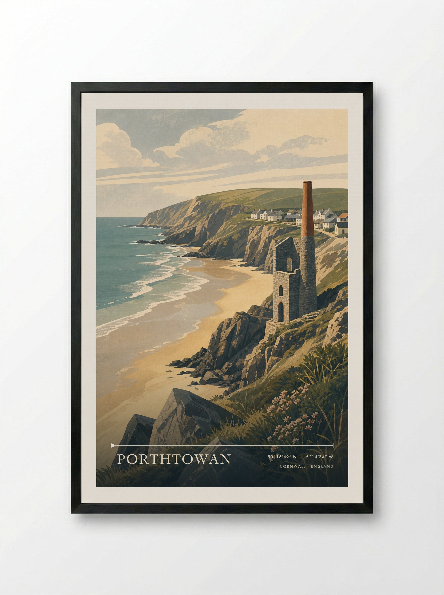 Porthtowan Cornwall England Travel Poster - Framed Print Black