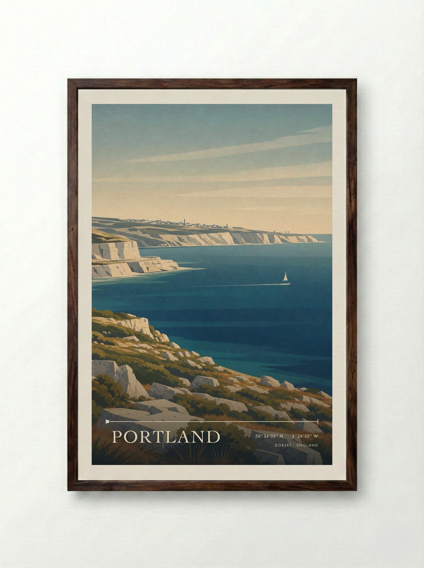 Portland Dorset England Travel Poster - Framed Print Dark Wood