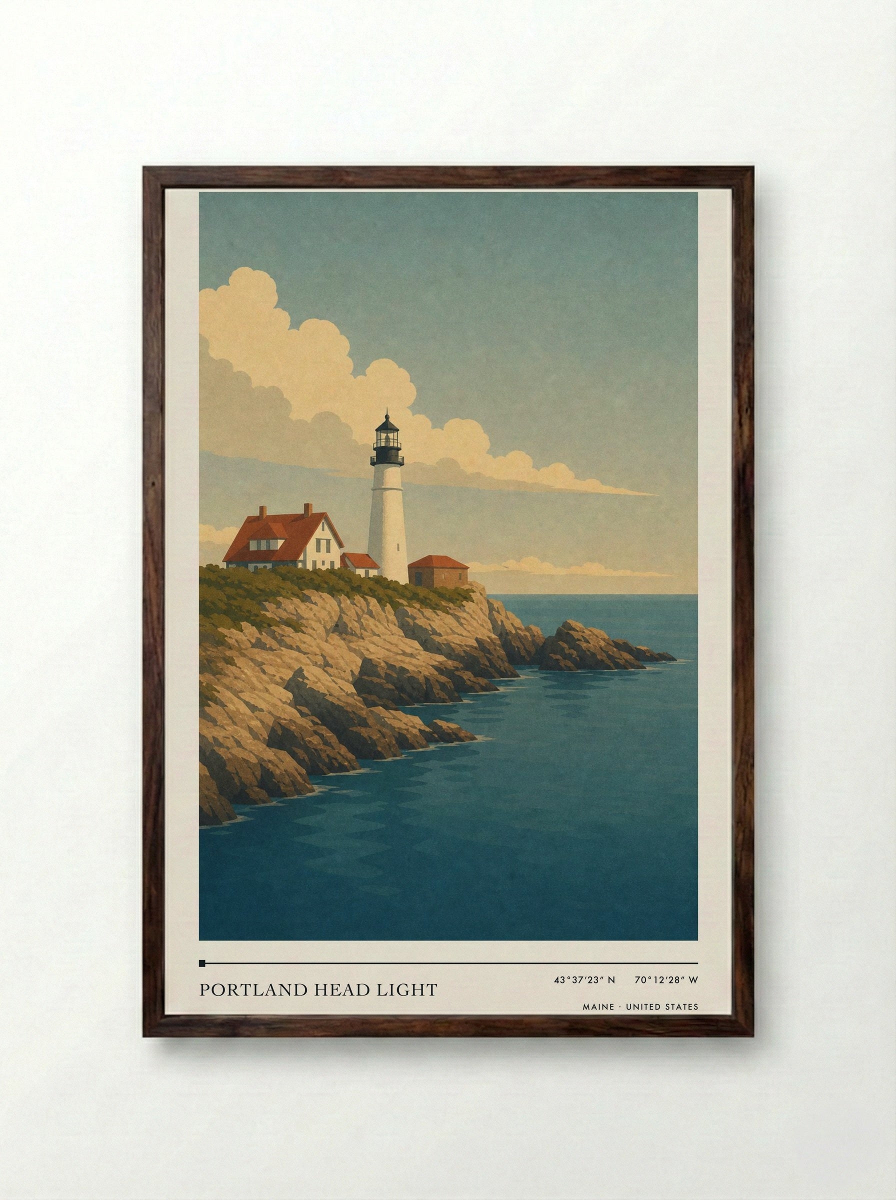 Portland Head Light Travel Poster Artwork - Framed Print Dark Wood