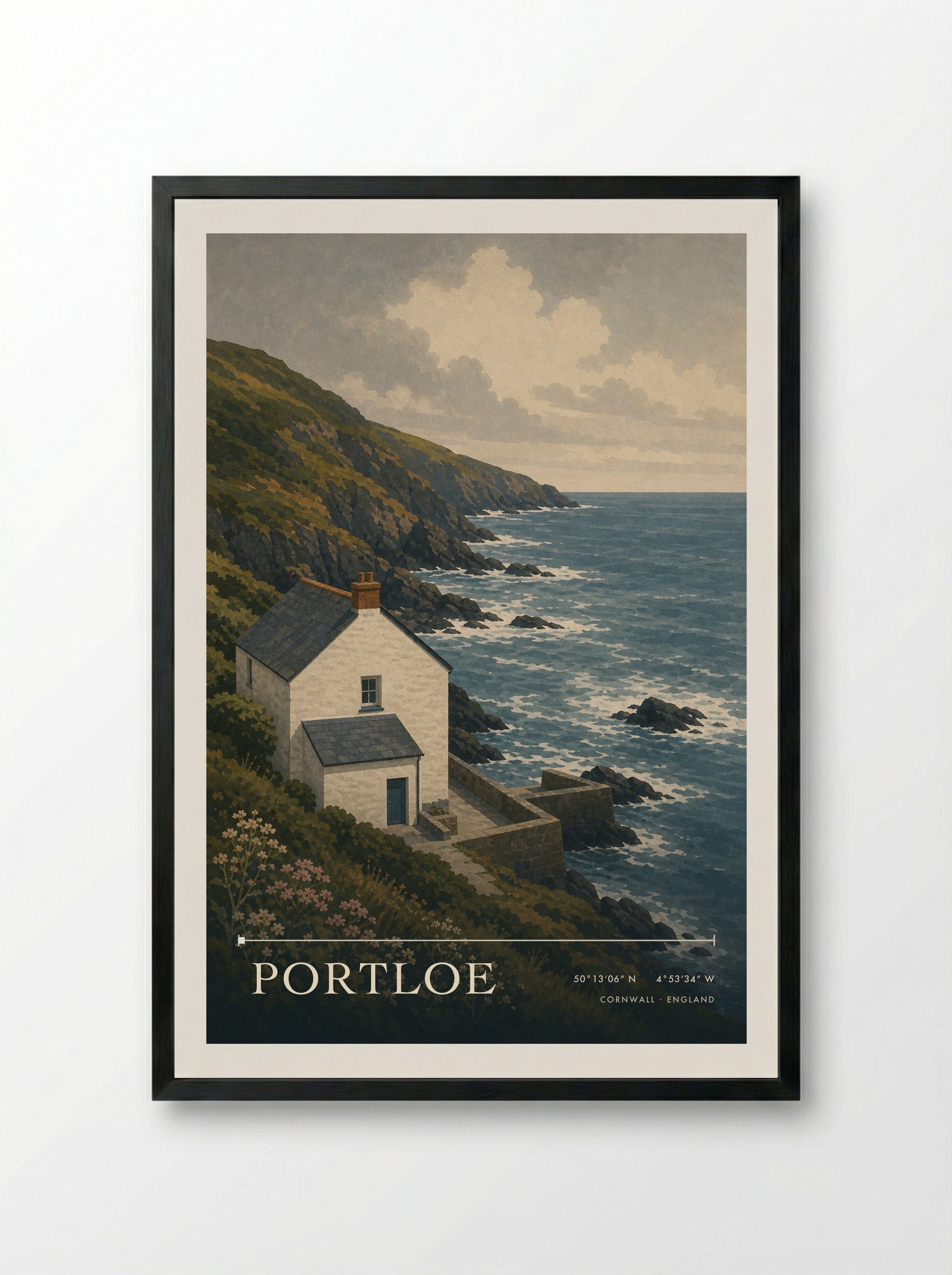 Portloe Cornwall England Travel Poster - Framed Print Black