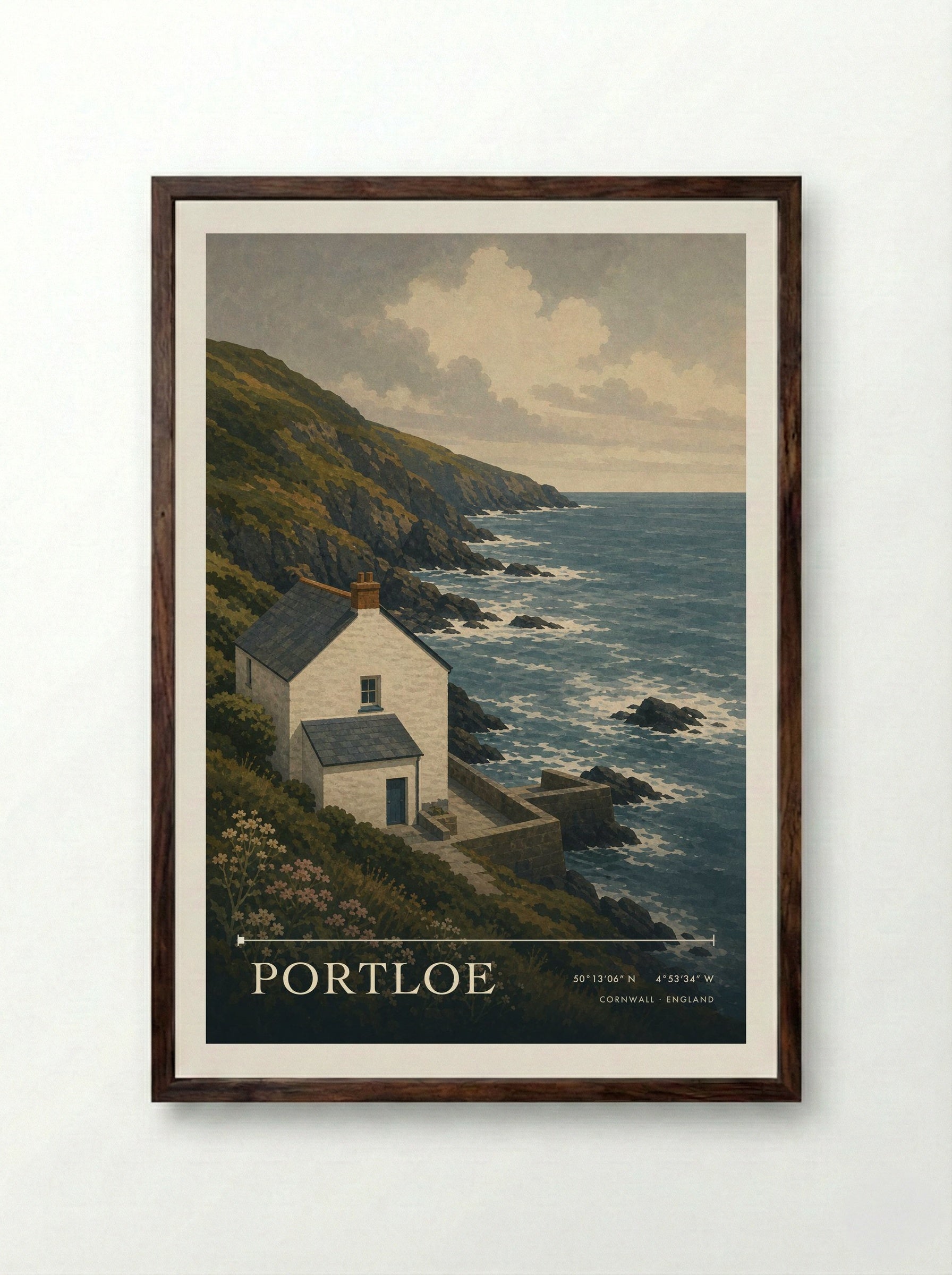 Portloe Cornwall England Travel Poster - Framed Print Dark Wood