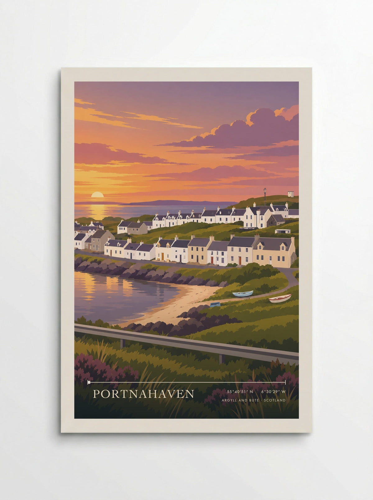 Portnahaven, Argyll and Bute travel poster: white cottages around a sheltered bay, purple clouds and warm sunset reflections across coastal water