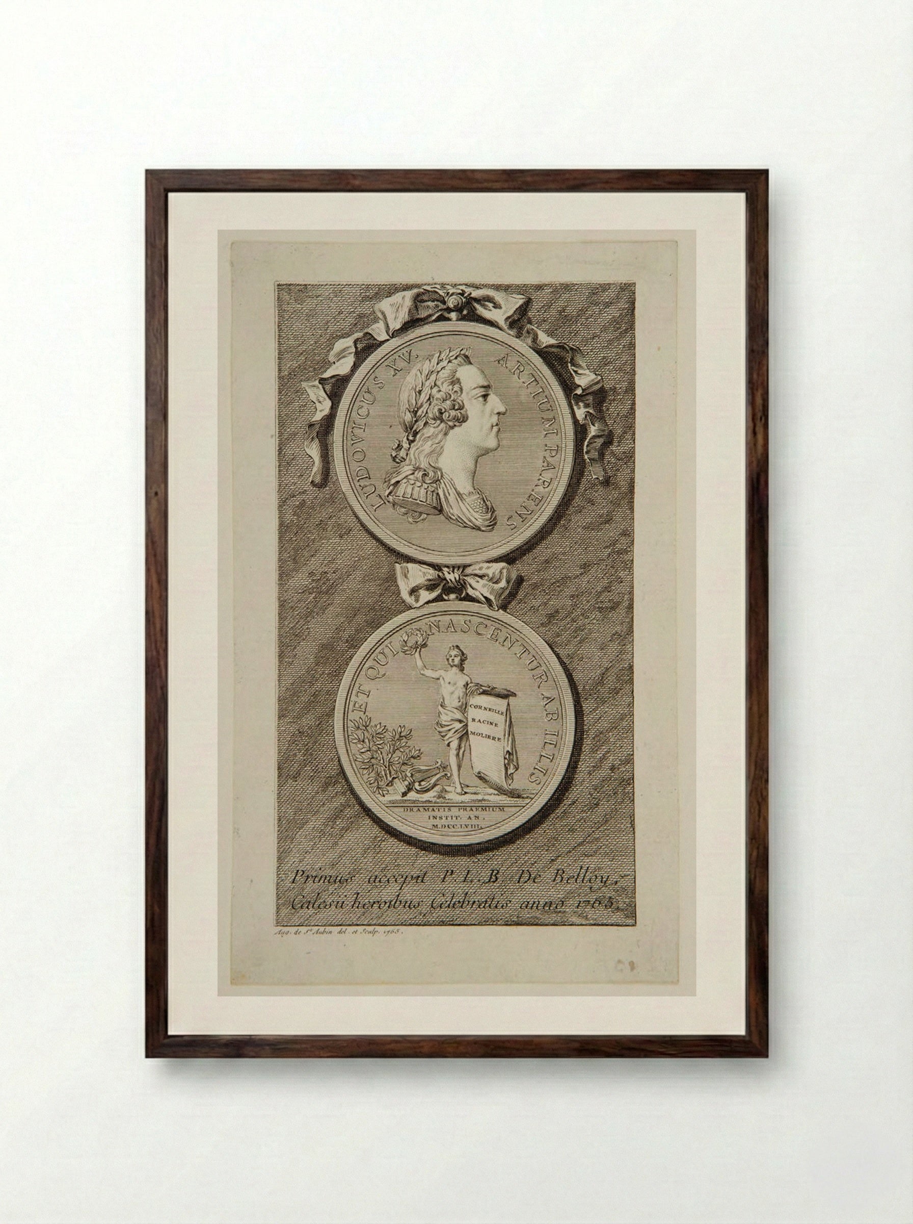 Portrait Medal of Louis XV - Augustin de Saint-Aubin - Framed Print Dark Wood