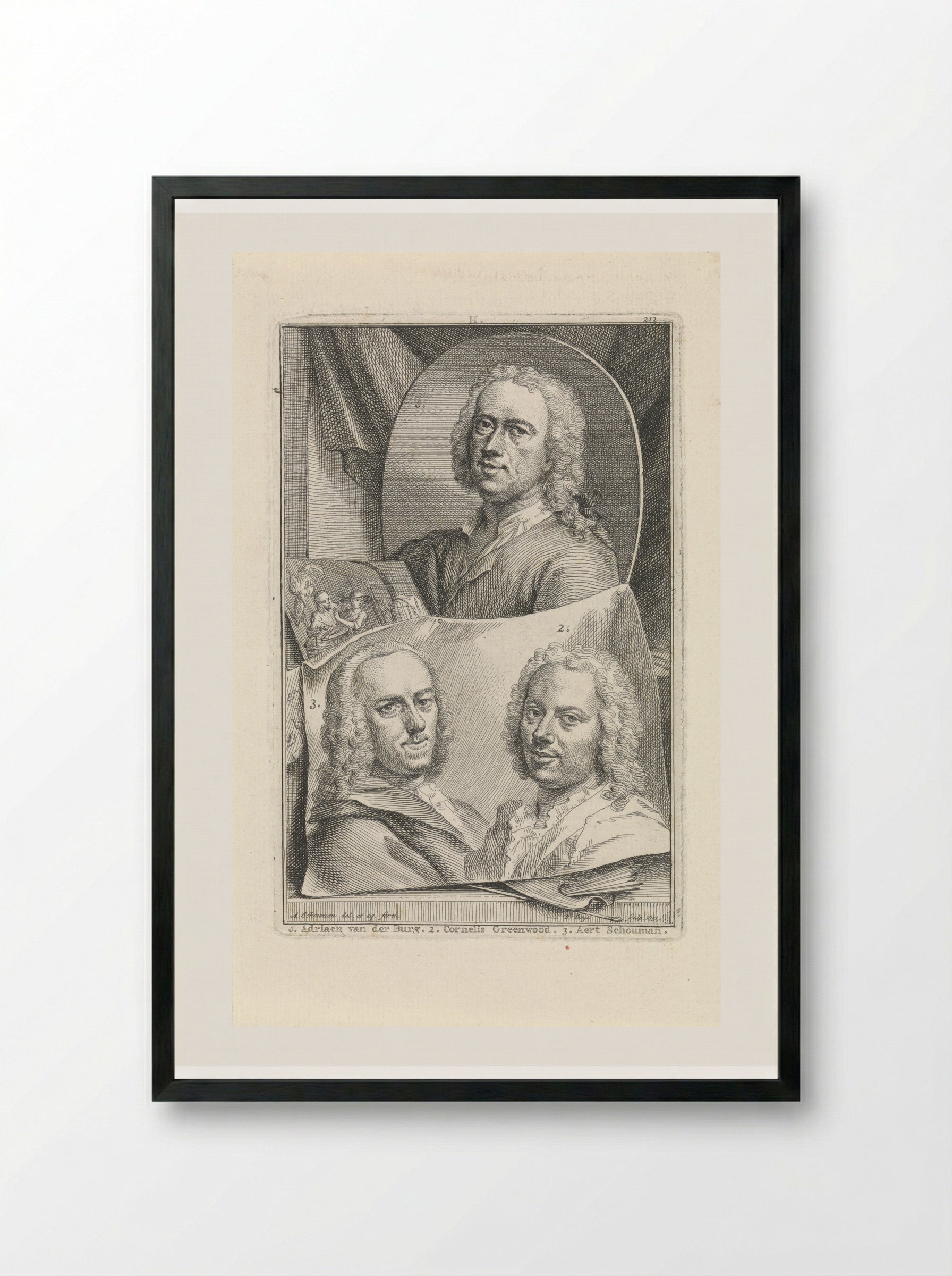 Portrait of Adriaen van der Burg, Cornelis Greenwood, and Aert Schouman - Aert Schouman - Framed Print Black