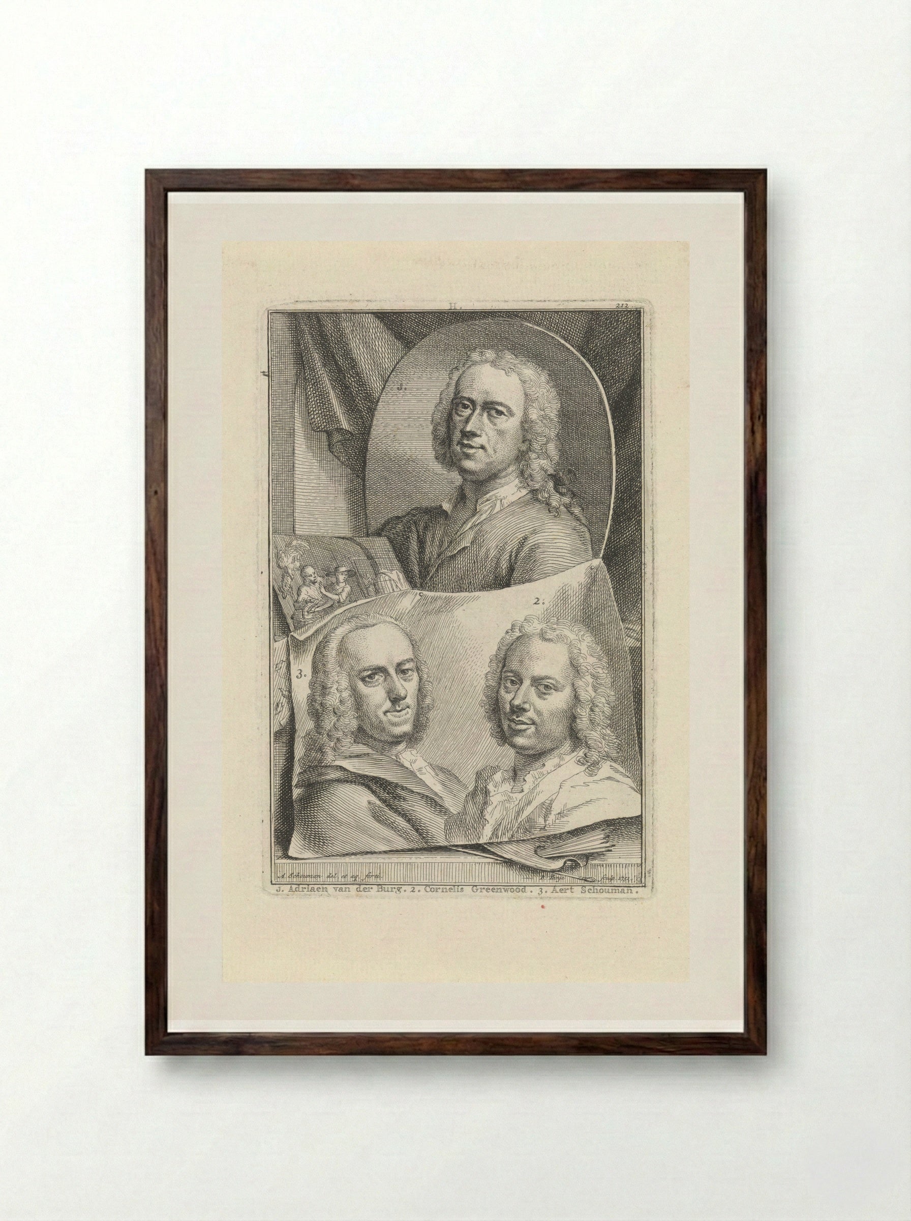 Portrait of Adriaen van der Burg, Cornelis Greenwood, and Aert Schouman - Aert Schouman - Framed Print Dark Wood