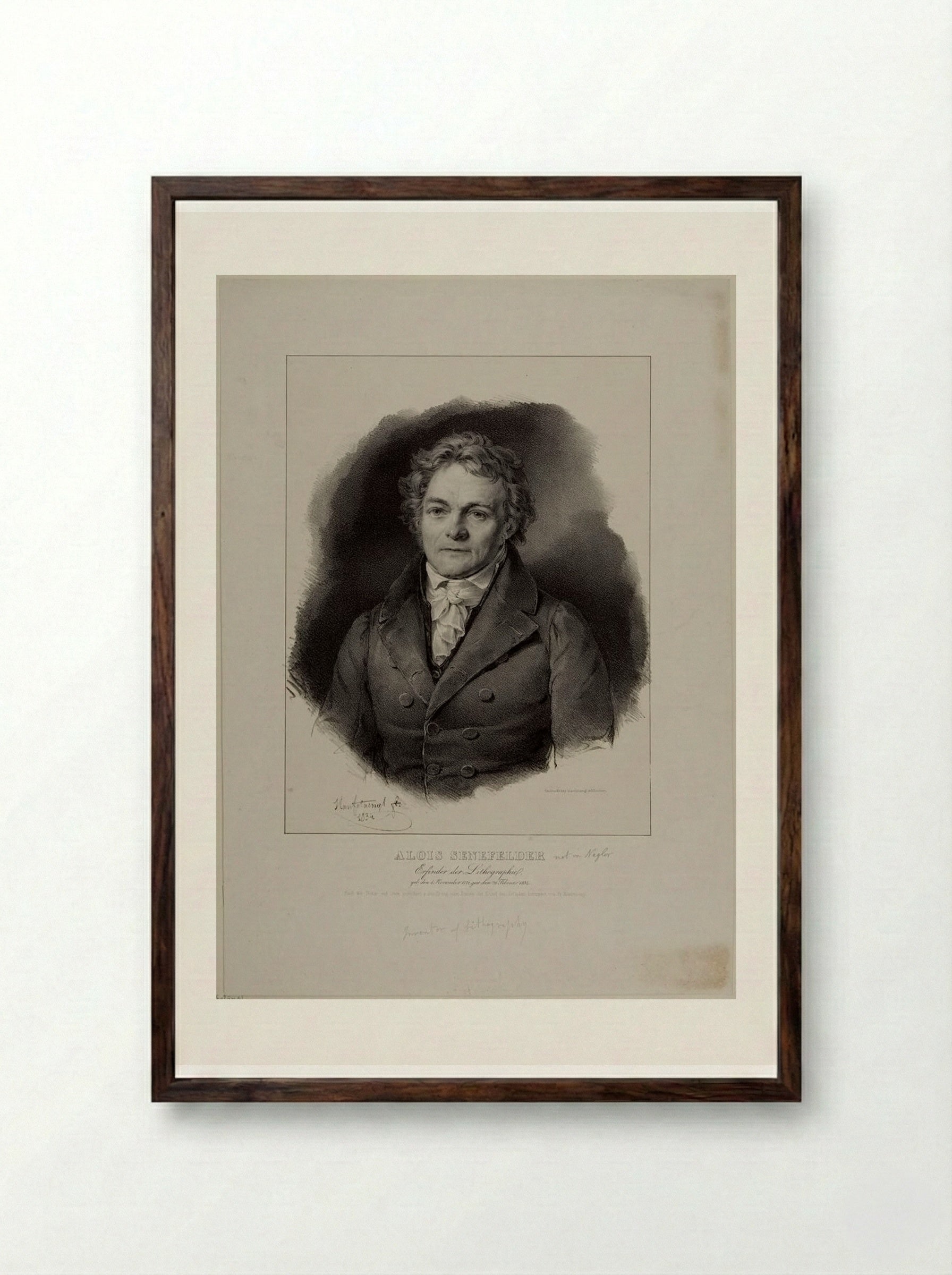 Portrait of Alois Senefelder - Franz Hanfstaengl - Framed Print Dark Wood