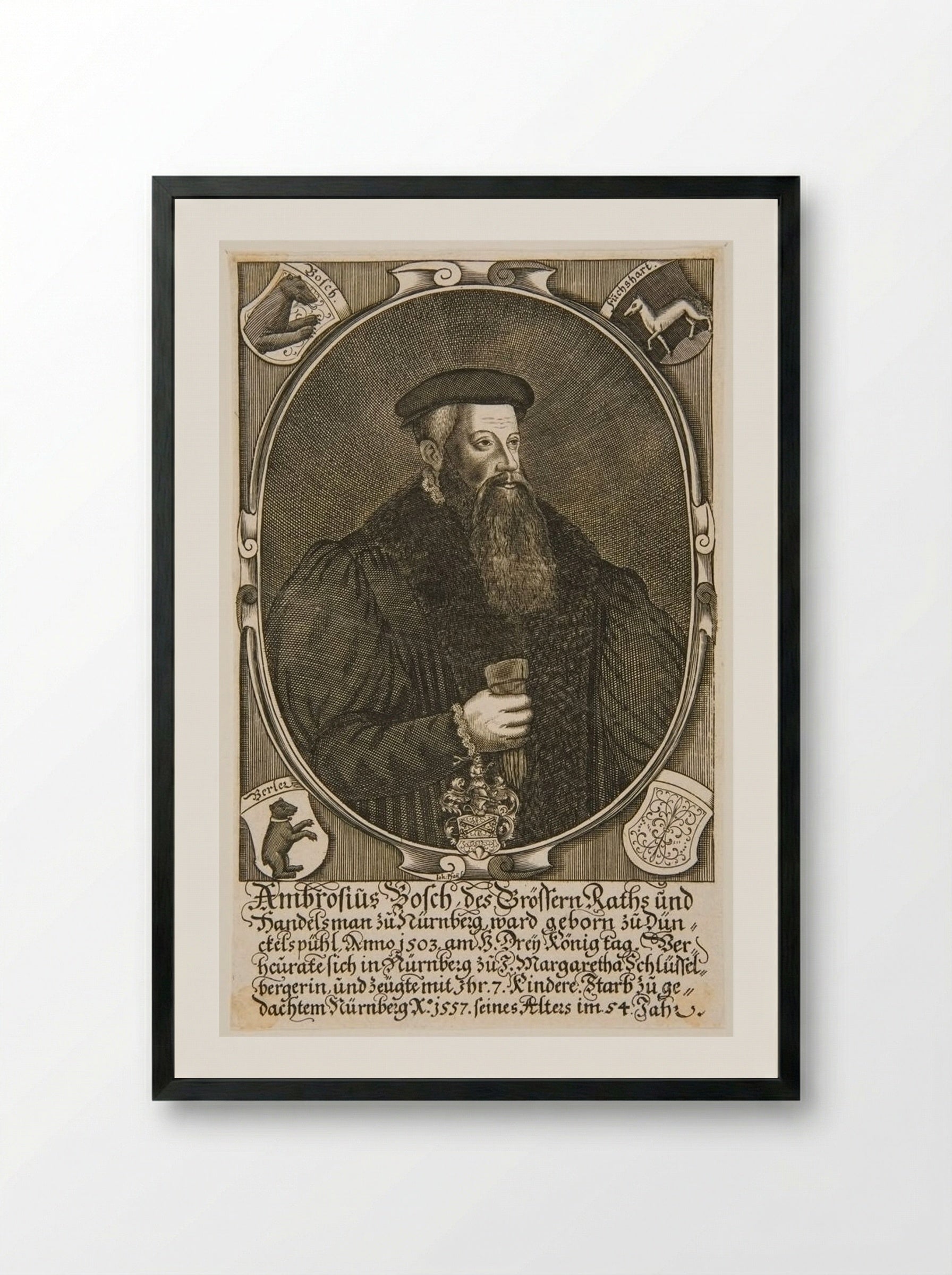 Portrait of Ambrosius Bosch - Johann Pfann - Framed Print Black