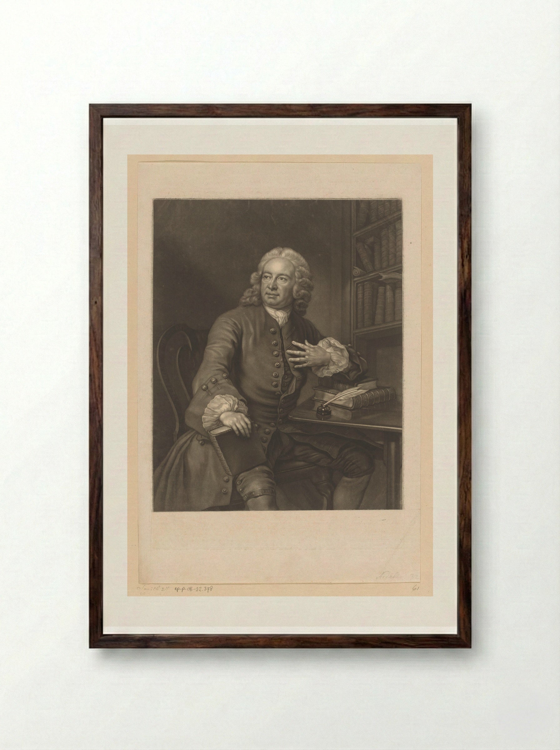 Portrait of Archibald Bower - James McArdell - Framed Print Dark Wood