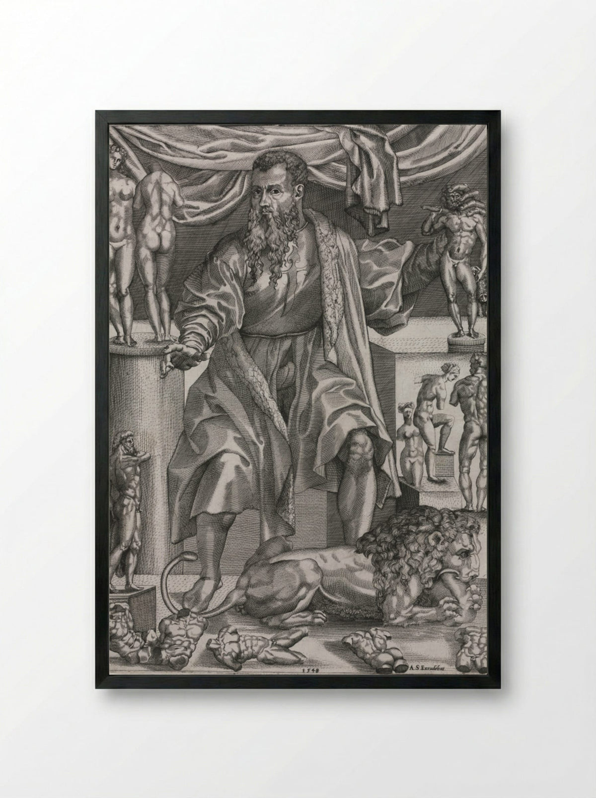 Portrait of Baccio Bandinelli with Lion - Nicolo della Casa - Framed Print Black